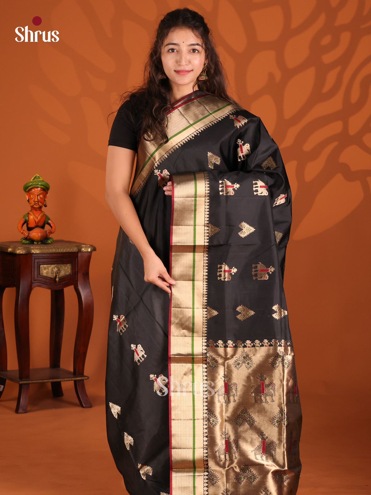 Black Soft Silk Saree with Gold Zari & Elephant Motifs-1