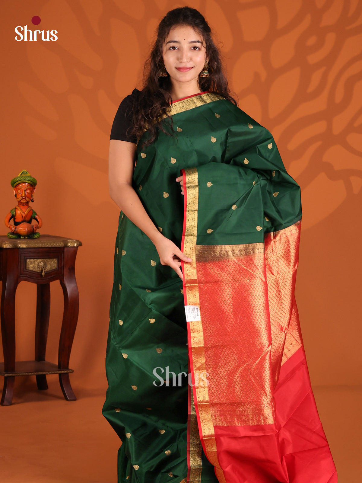 Pretty Bottle Green Kanchipuram silk Saree with gold zari floral buttas & Red Pallu-1