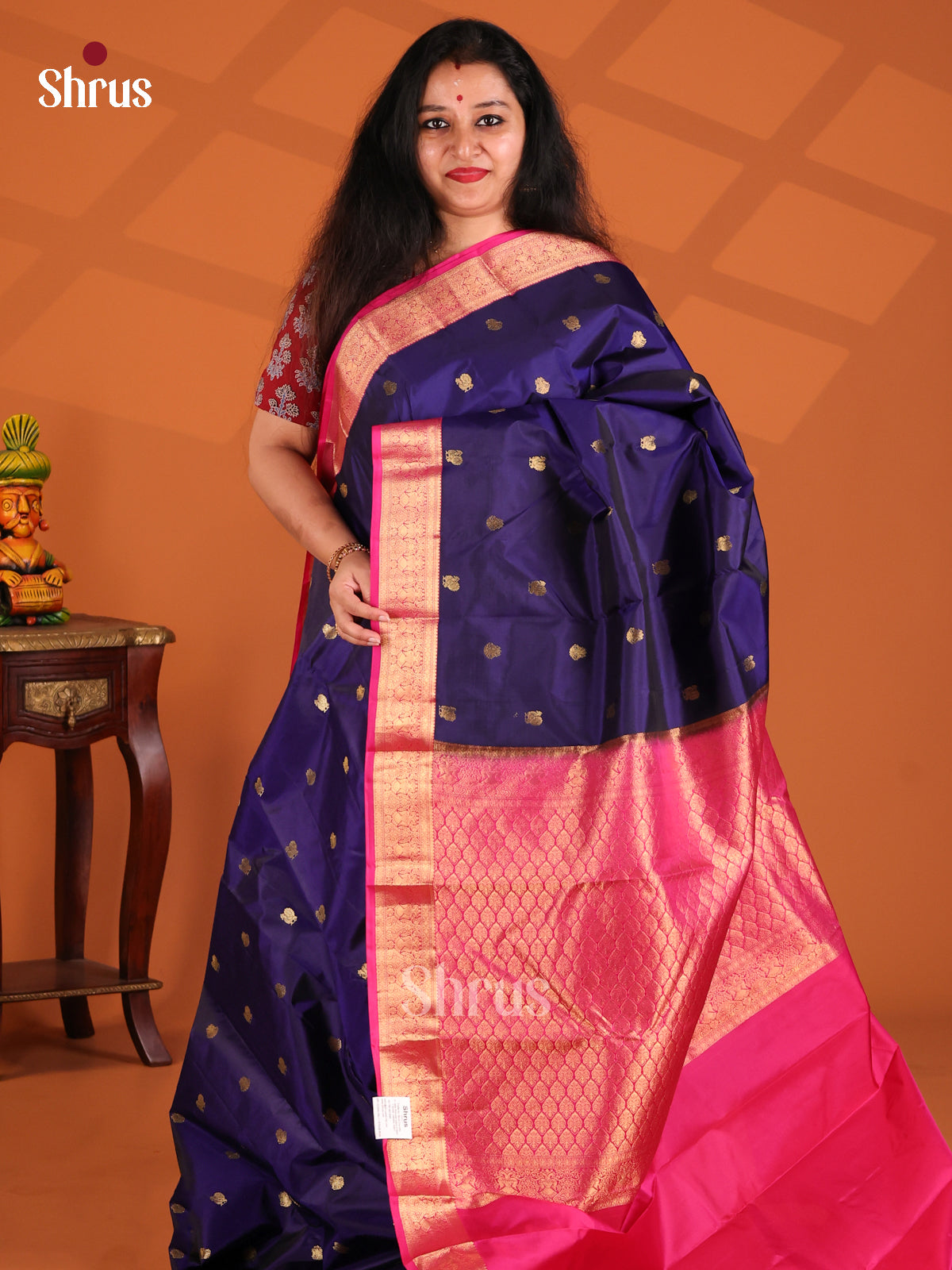 Beautiful Blue Kanchipuram silk Saree with contrast pink brocade pallu-1