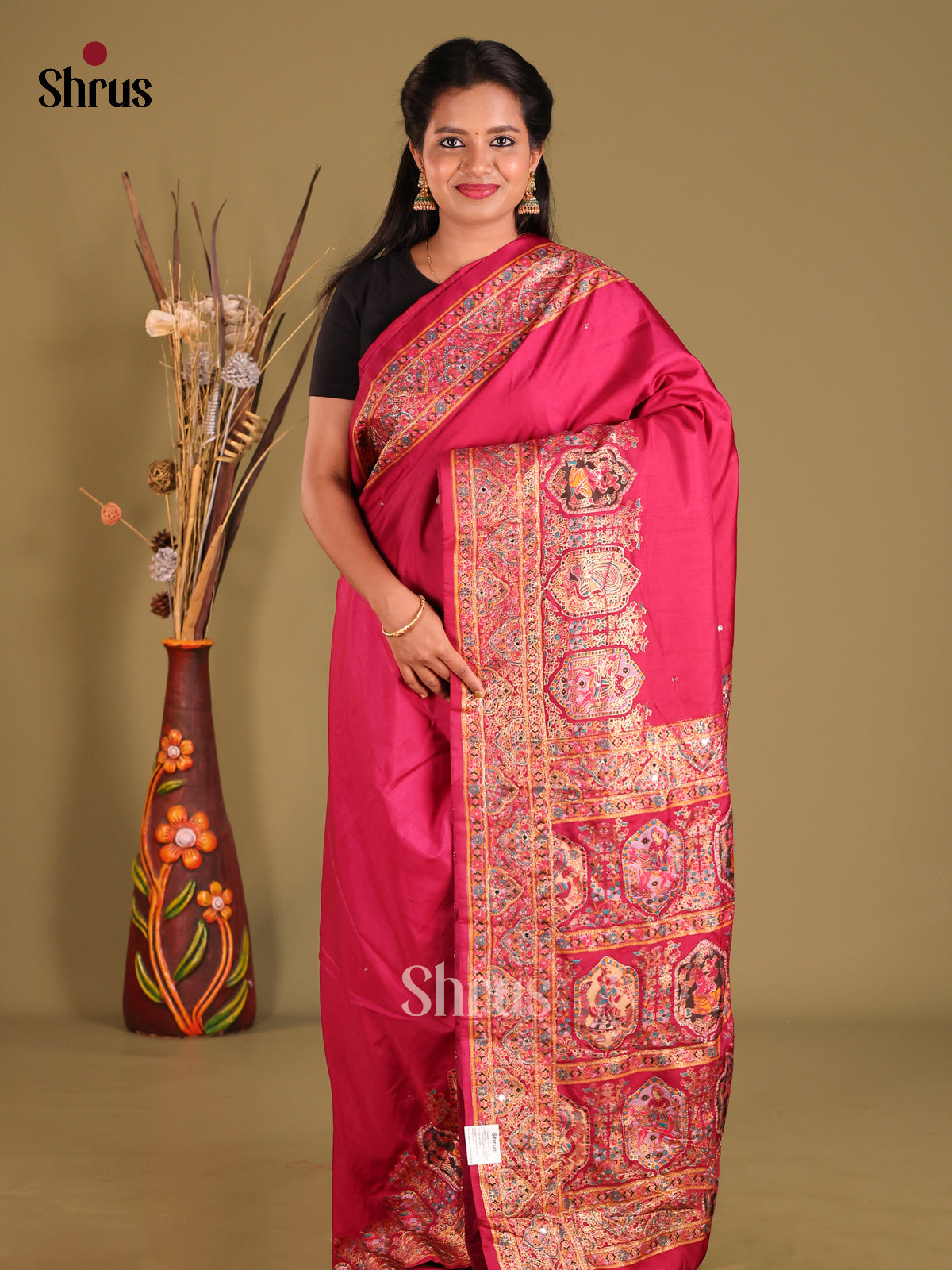 Maroon - Semi Banarasi Saree - Shop on Shrus.com