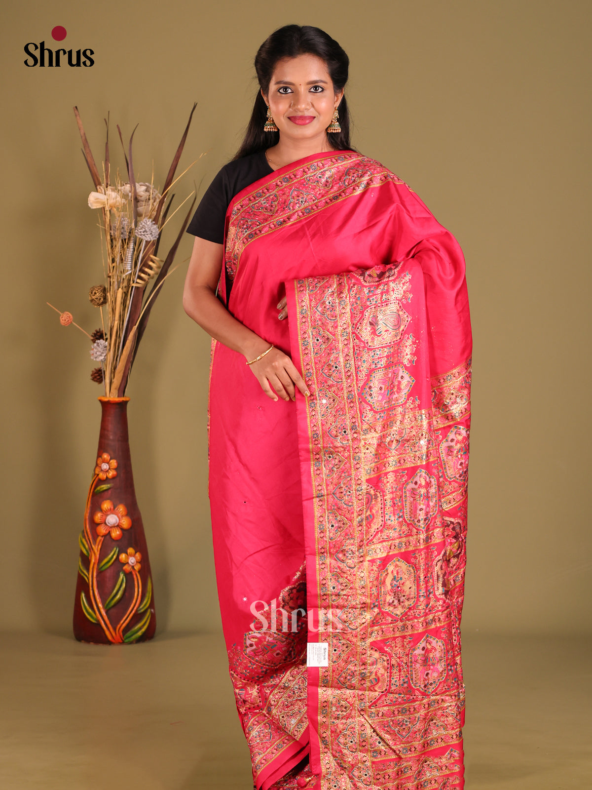Red - Semi Banarasi Saree - Shop on Shrus.com