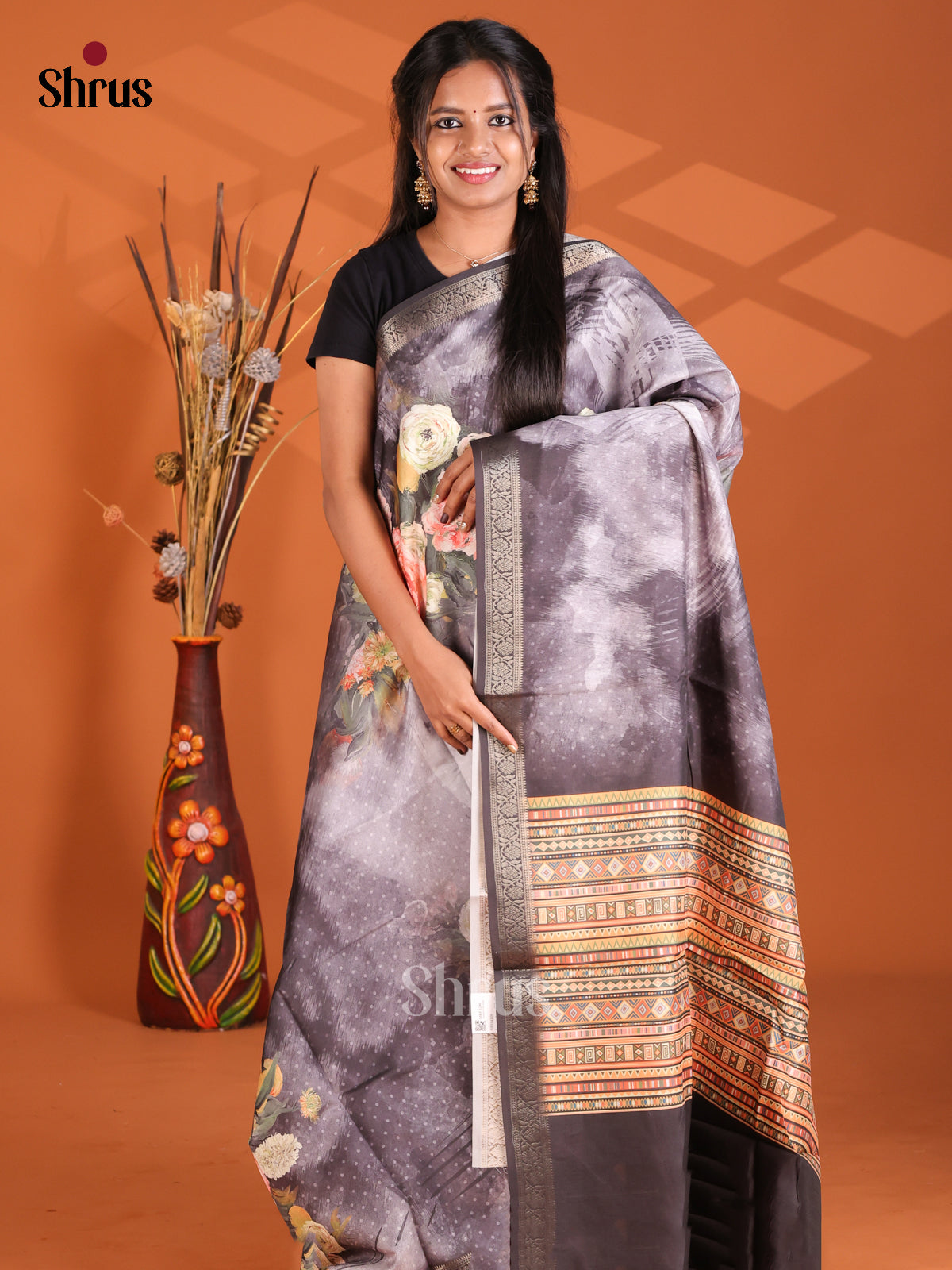 Grey & Black - Semi Modal Saree