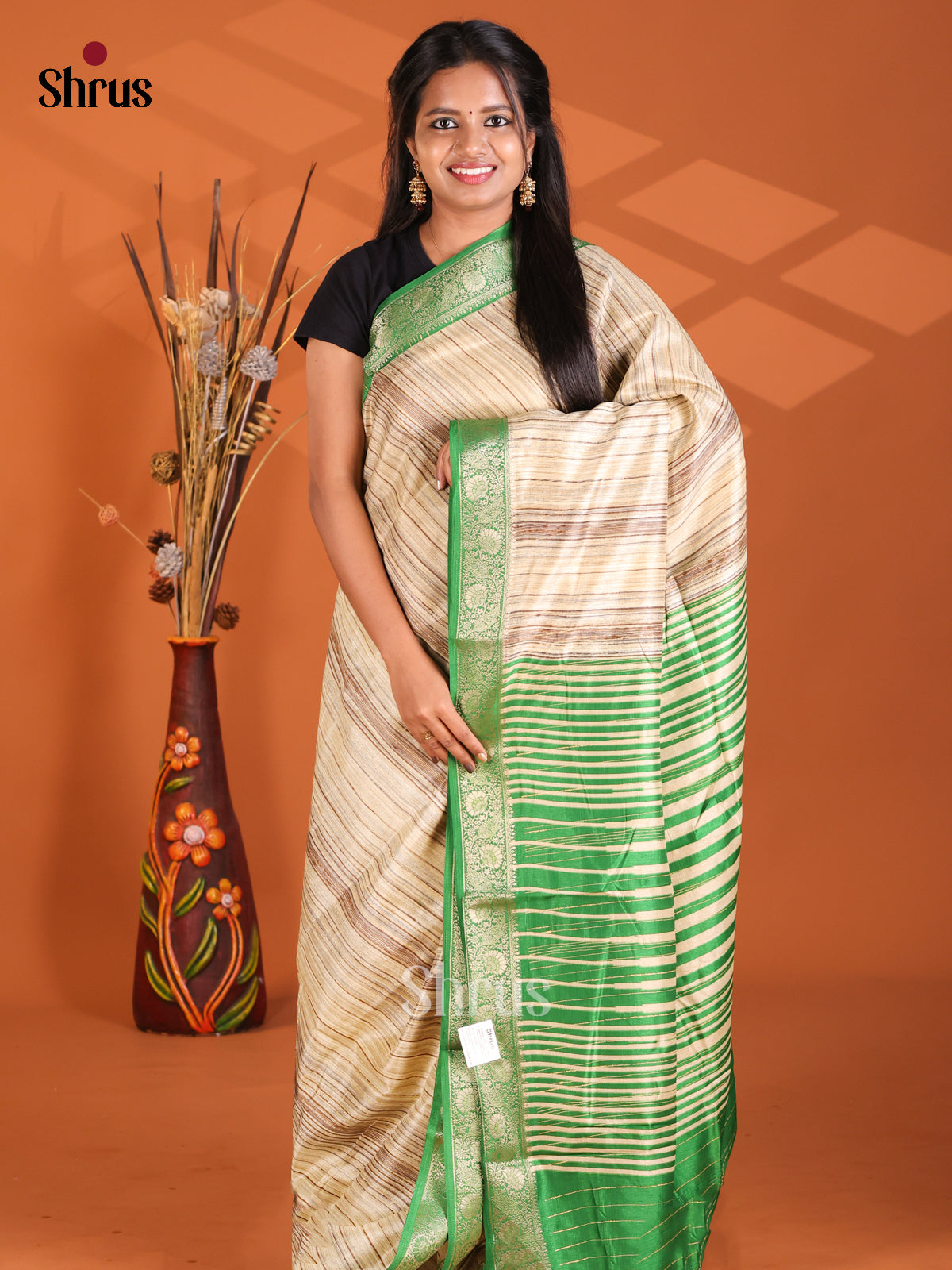 Cream & Green - Semi Modal Saree