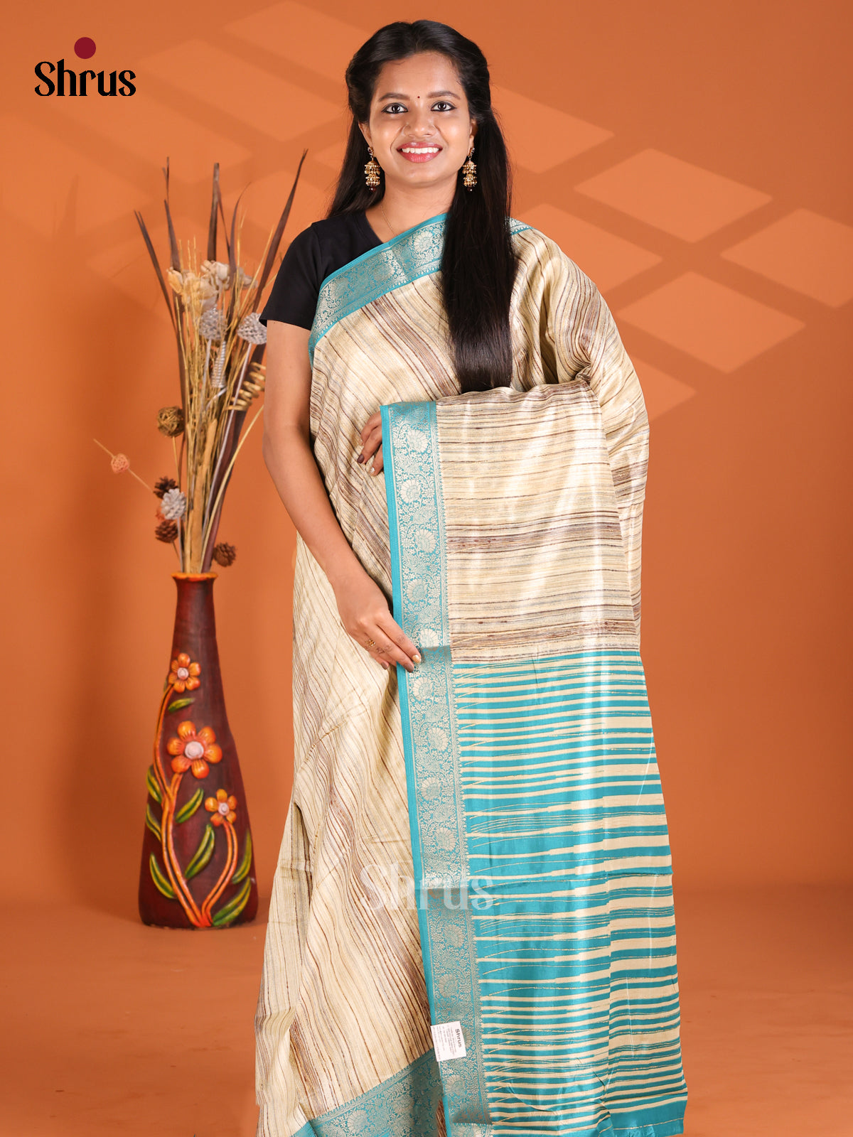 Cream & Pastel Blue - Semi Modal Saree