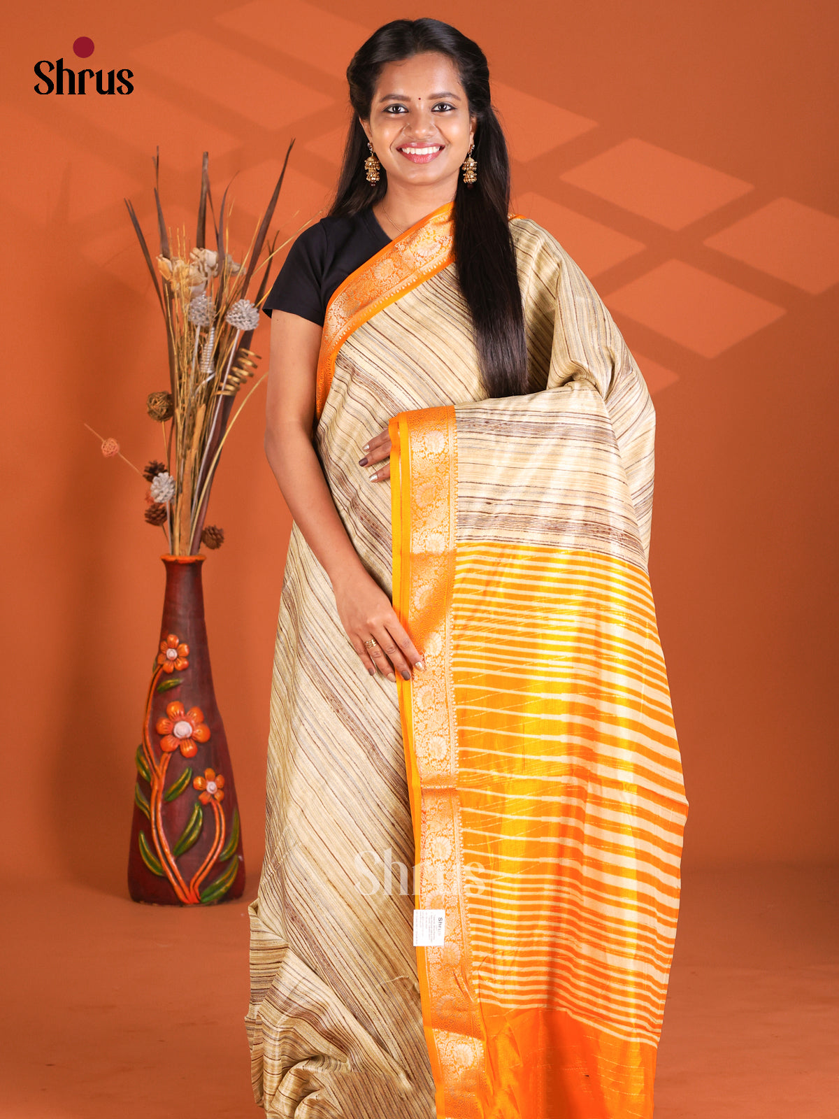Cream & Mustard - Semi Modal Saree