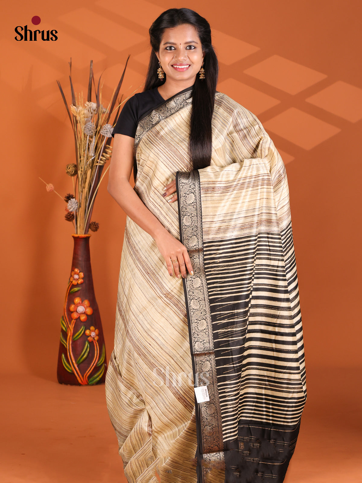 Cream & Black- Semi Modal Saree