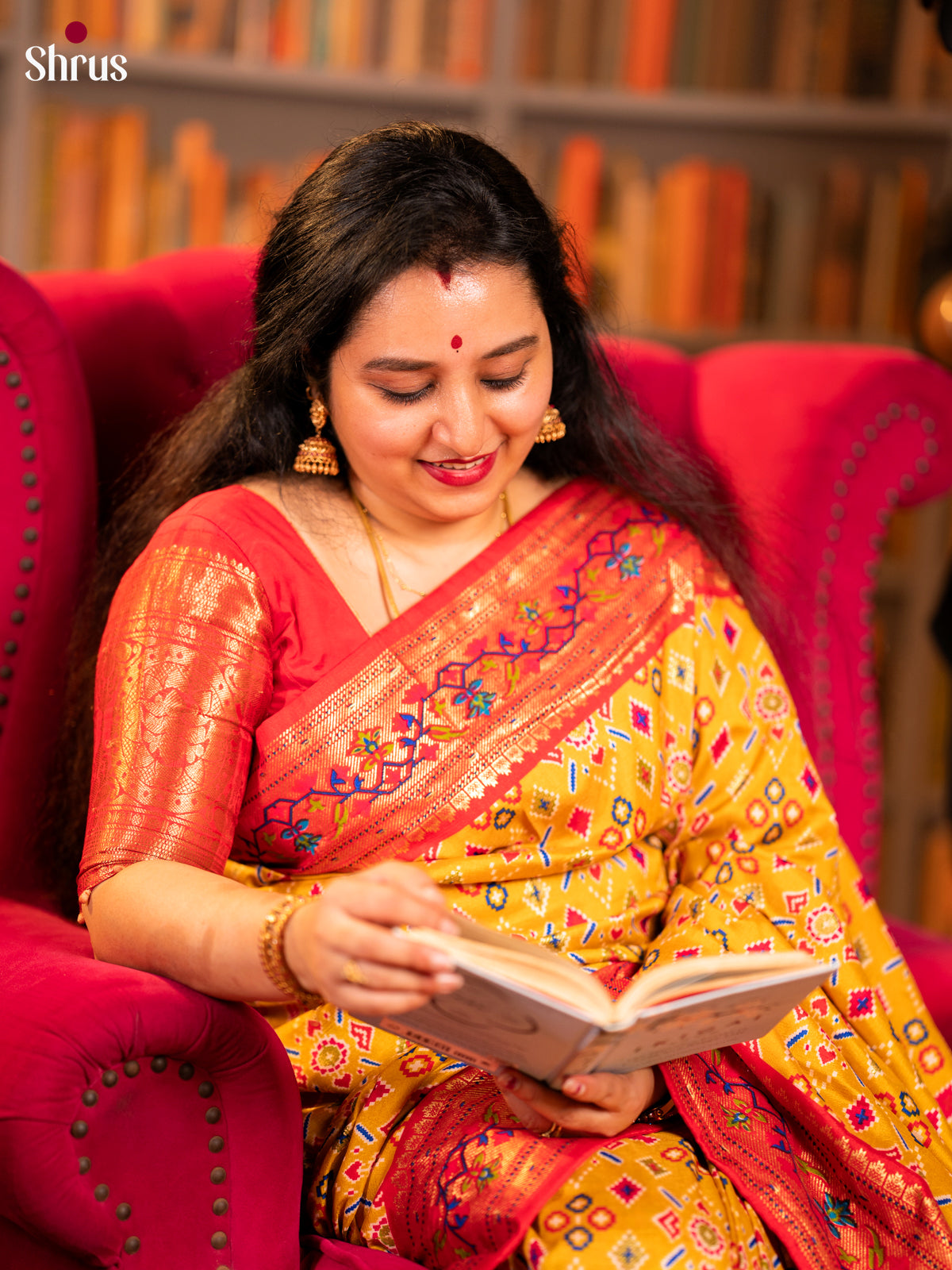 Yellow & Red - Semi Ikkat Print Saree