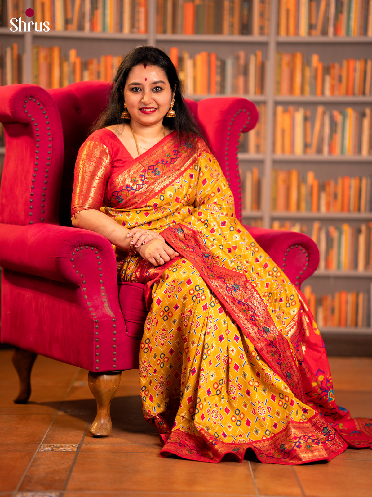 Yellow & Red - Semi Ikkat Print Saree