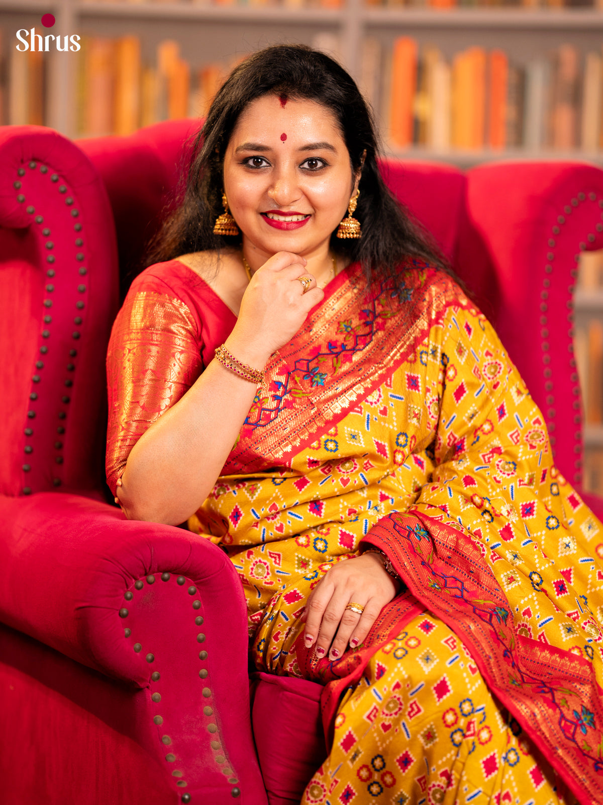 Yellow & Red - Semi Ikkat Print Saree