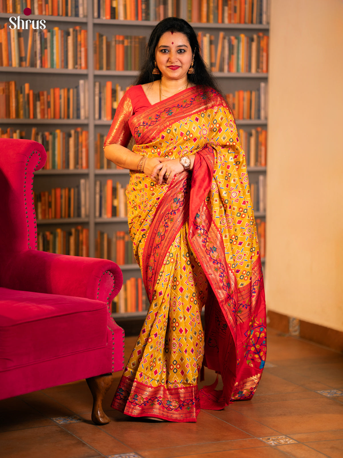 Yellow & Red - Semi Ikkat Print Saree