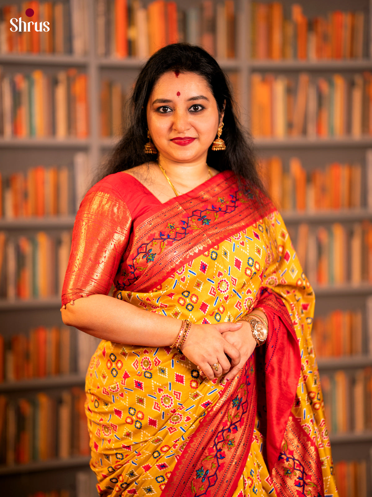 Yellow & Red - Semi Ikkat Print Saree
