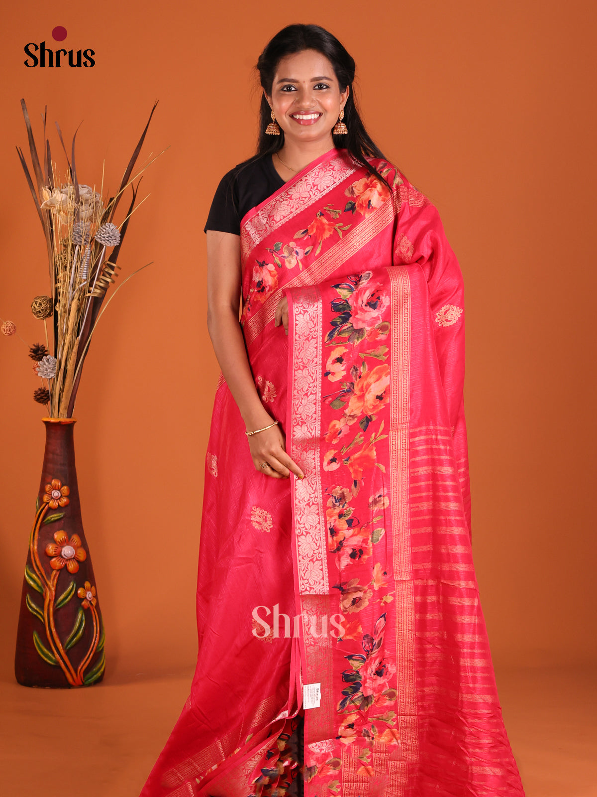 Reddish Pink - Semi Rawsilk Saree - Shop on Shrus.com