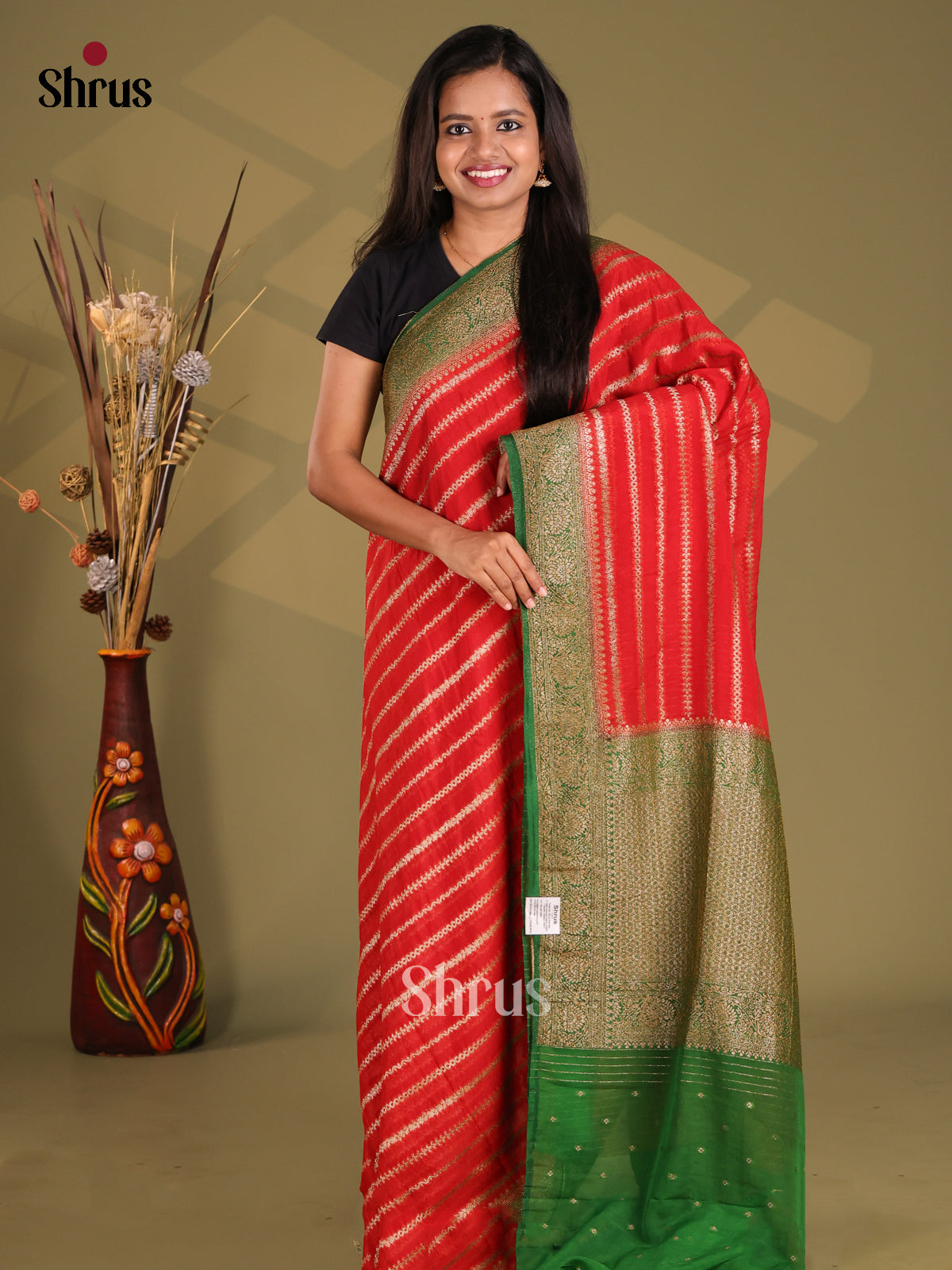Red & Green - Semi Georgette Saree