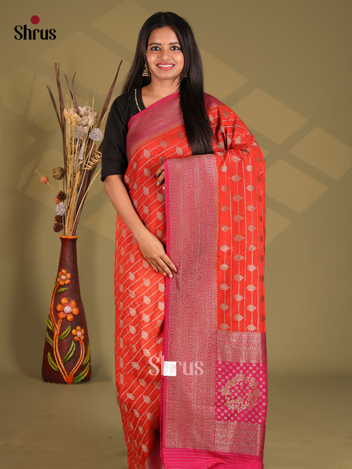 Red & Pink - Semi Georgette Saree - Shop on Shrus.com