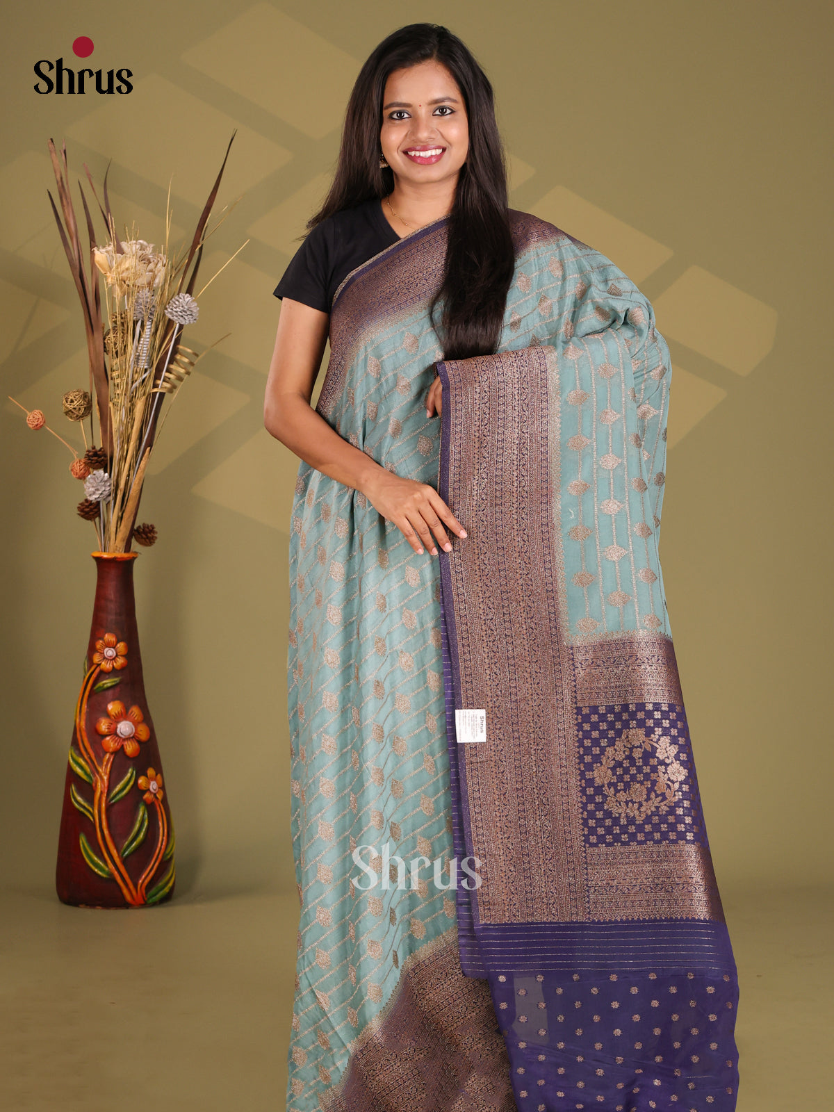 Grey & Blue - Semi Georgette Saree - Shop on Shrus.com
