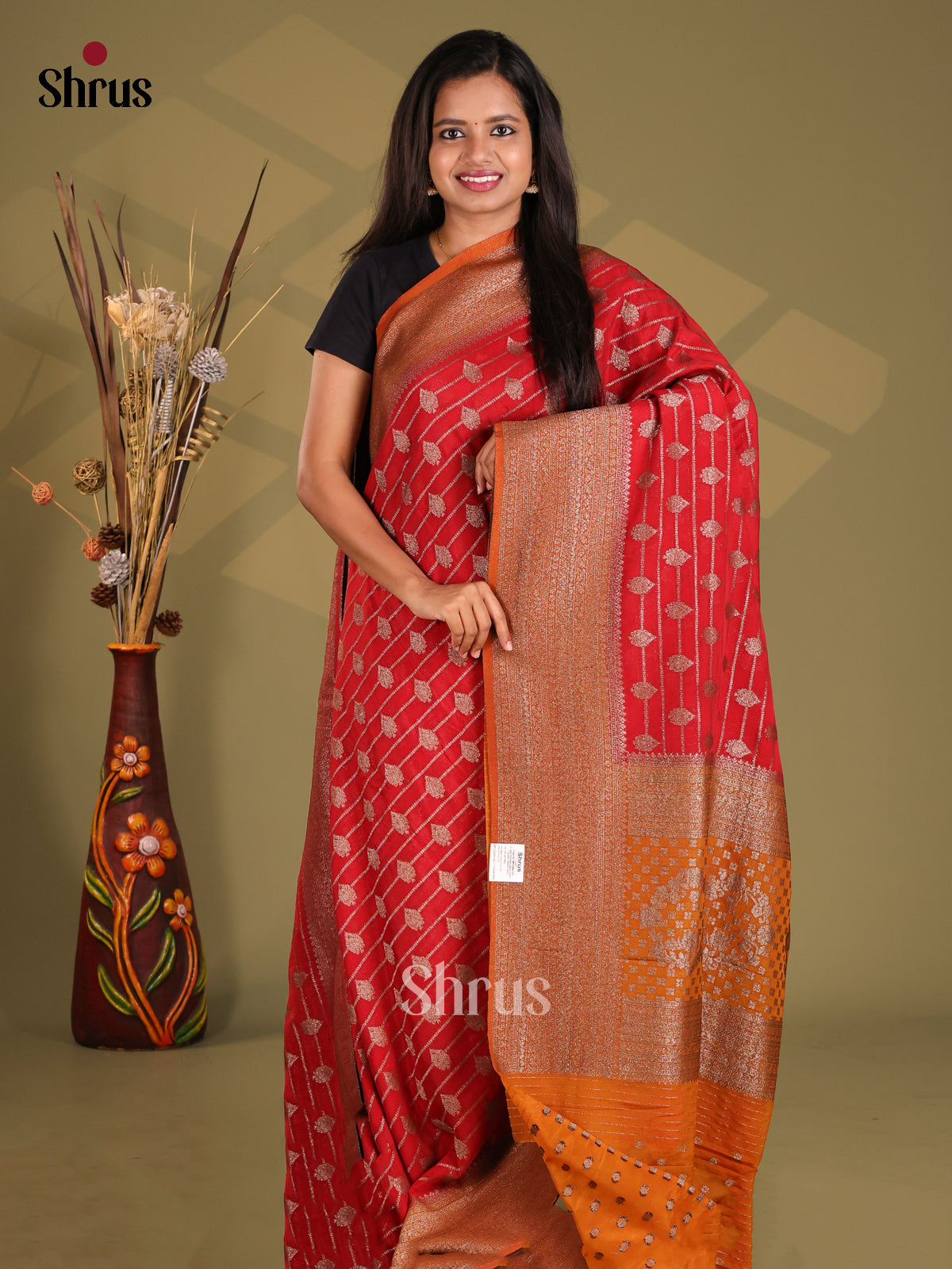 Red & Orange - Semi Georgette Saree - Shop on Shrus.com