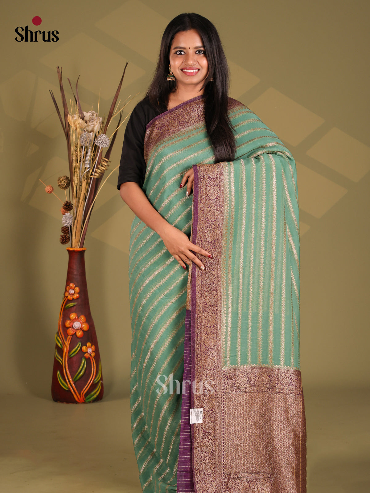 Pastel Green & Violet - Semi Georgette Saree - Shop on Shrus.com