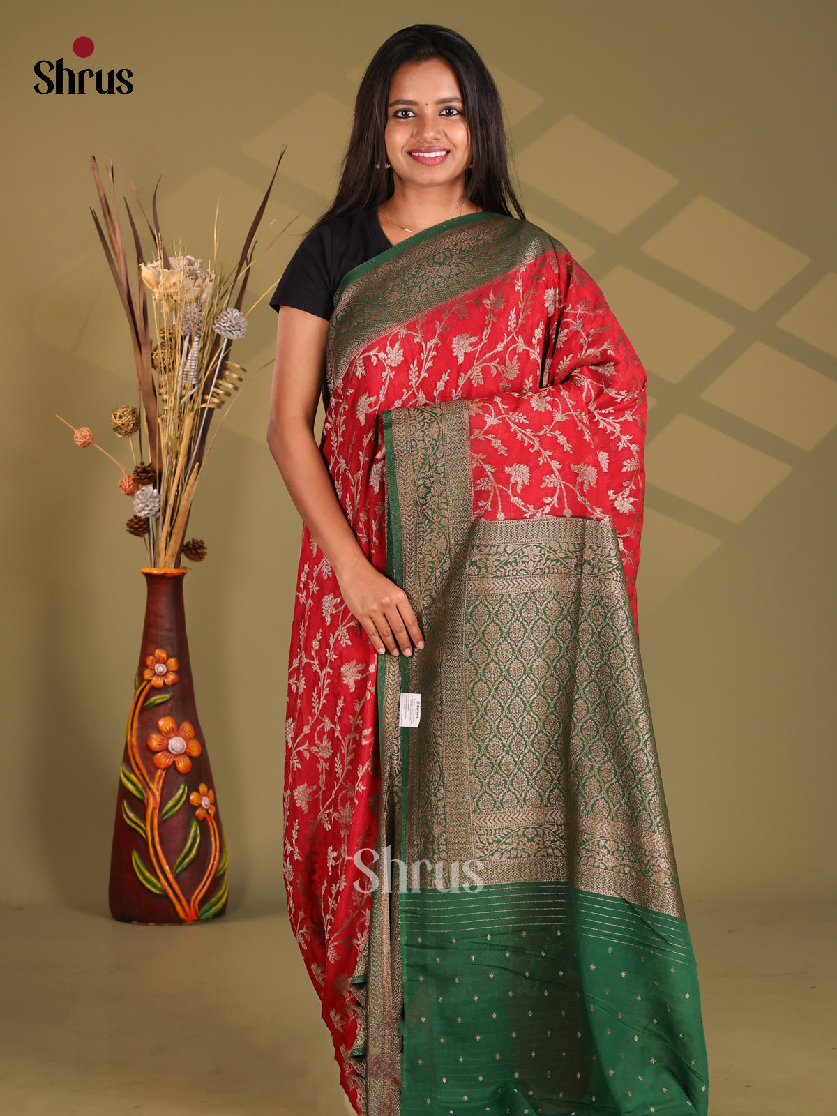 Red & Green - Semi Georgette Saree - Shop on Shrus.com