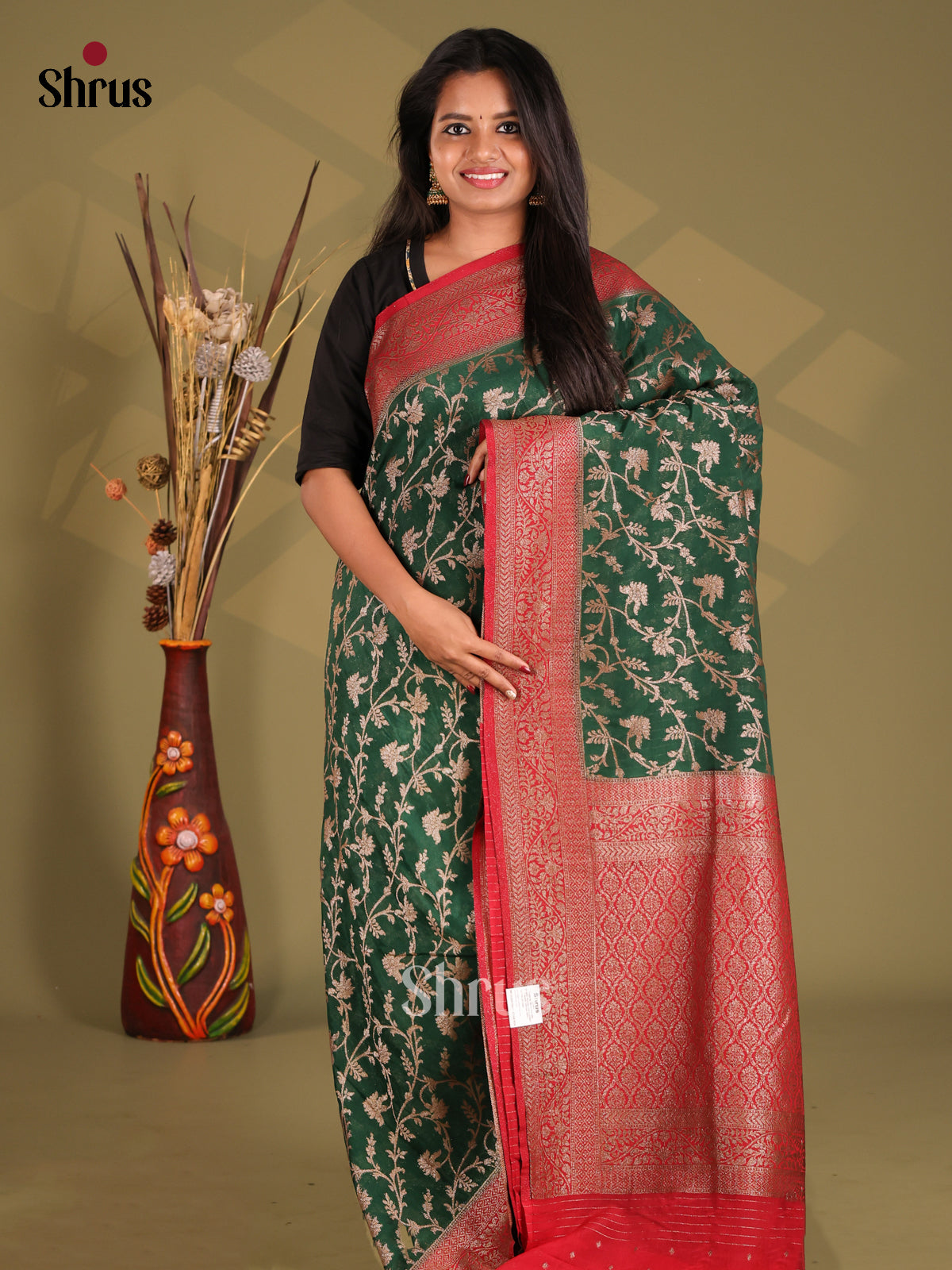 Green & Red - Semi Georgette Saree - Shop on Shrus.com