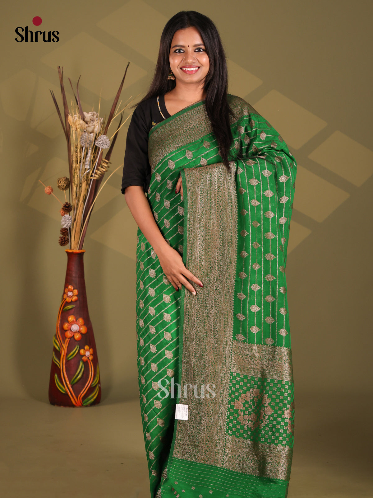Leaf Green - Semi Georgette Saree - Shop on Shrus.com