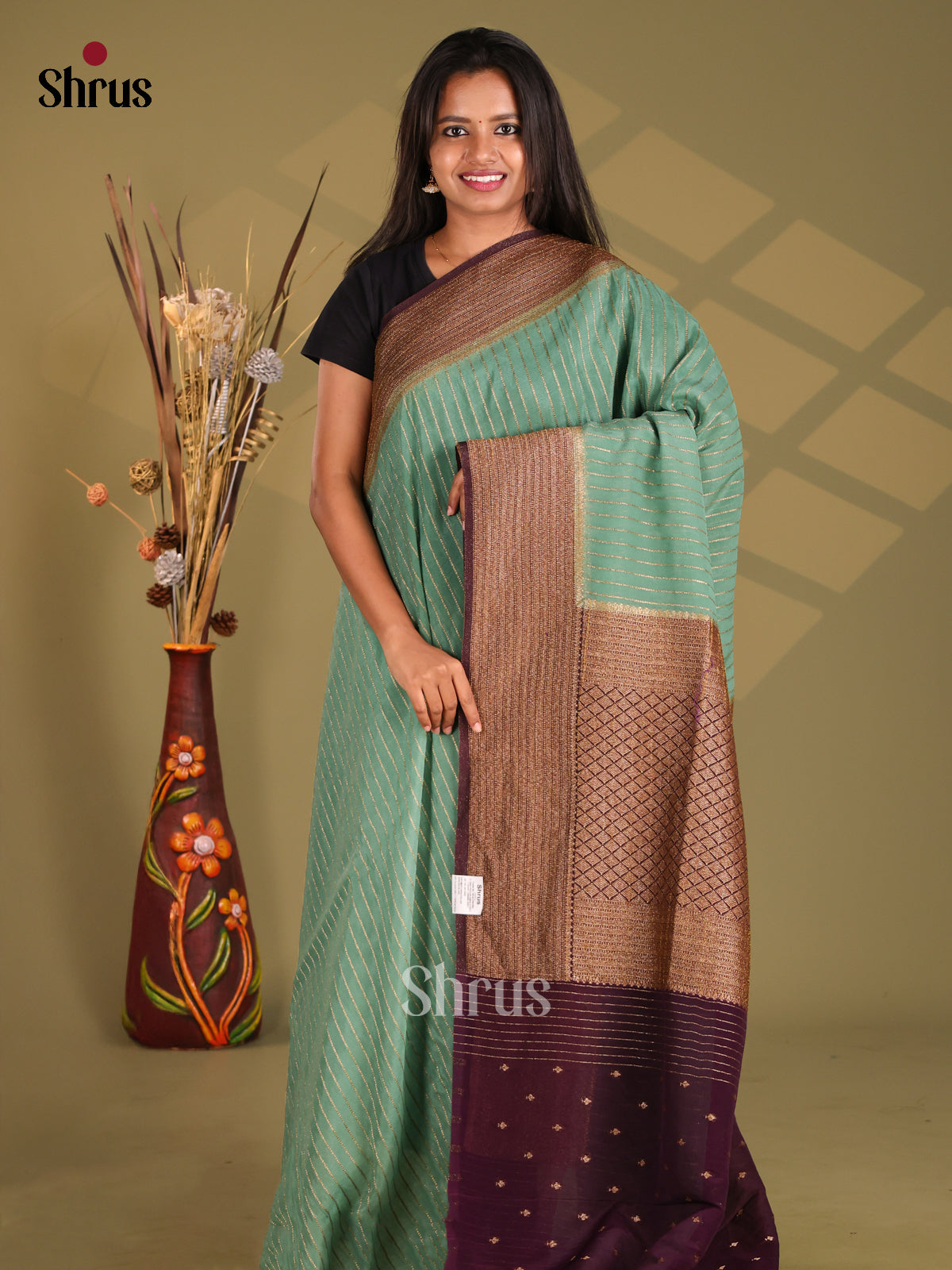 Pastel Green & Violet- Semi Georgette Saree - Shop on Shrus.com