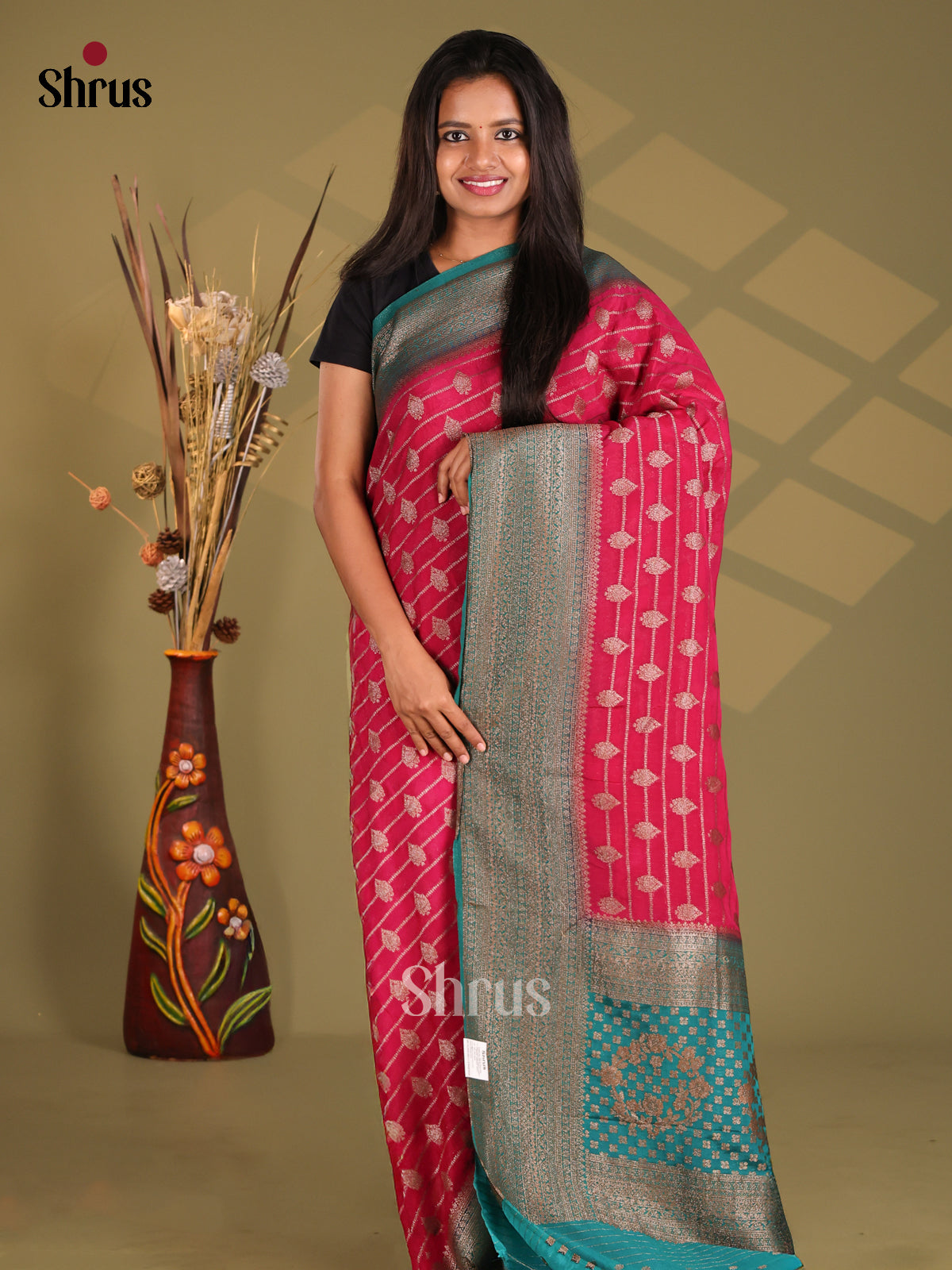 Red & Green- Semi Georgette Saree - Shop on Shrus.com