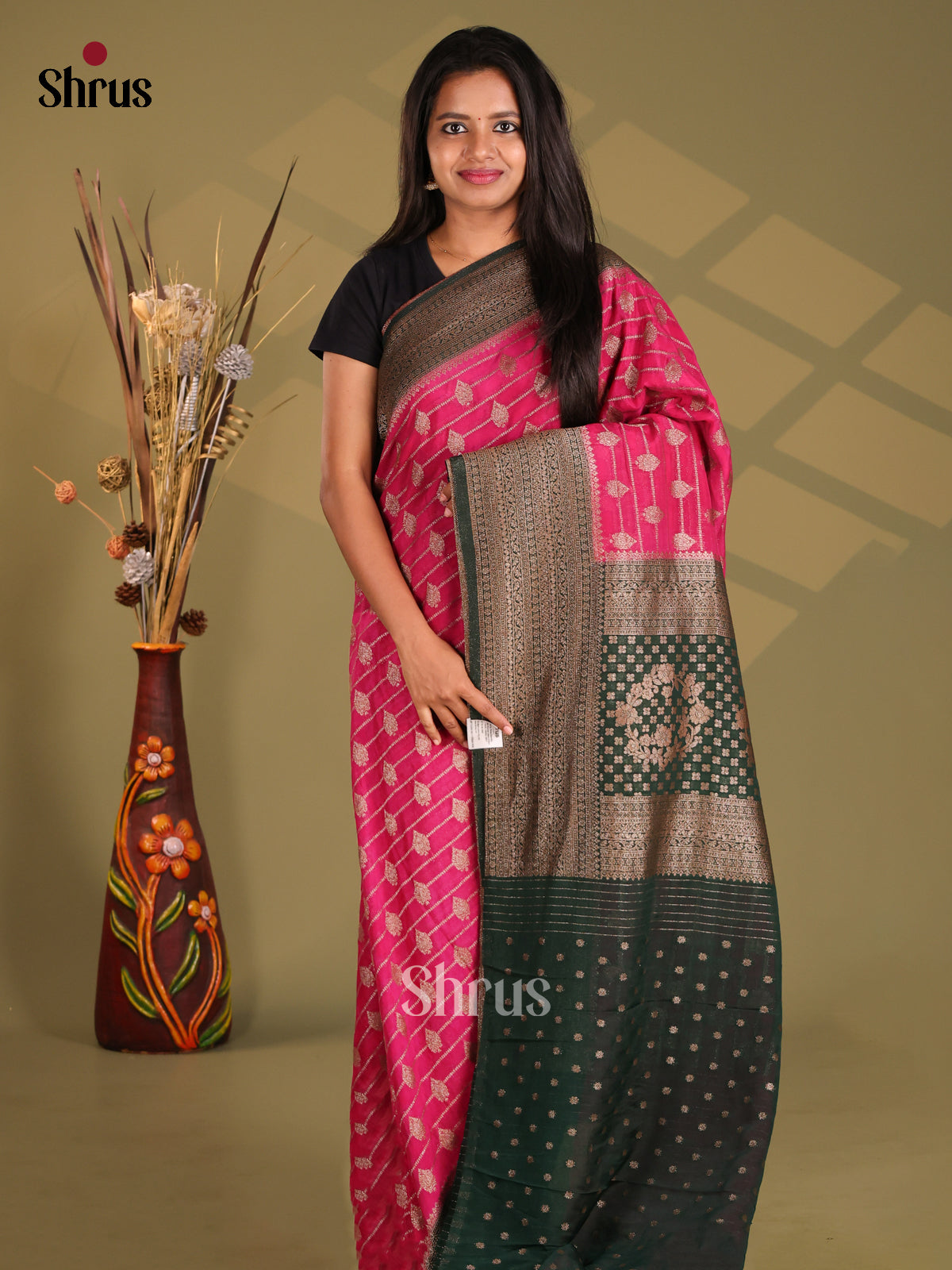 Pink & Green - Semi Georgette Saree - Shop on Shrus.com