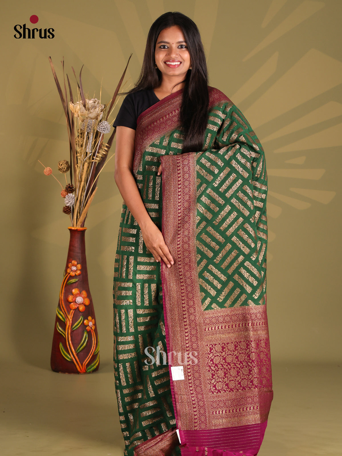 Green & Maroon - Semi Georgette Saree - Shop on Shrus.com