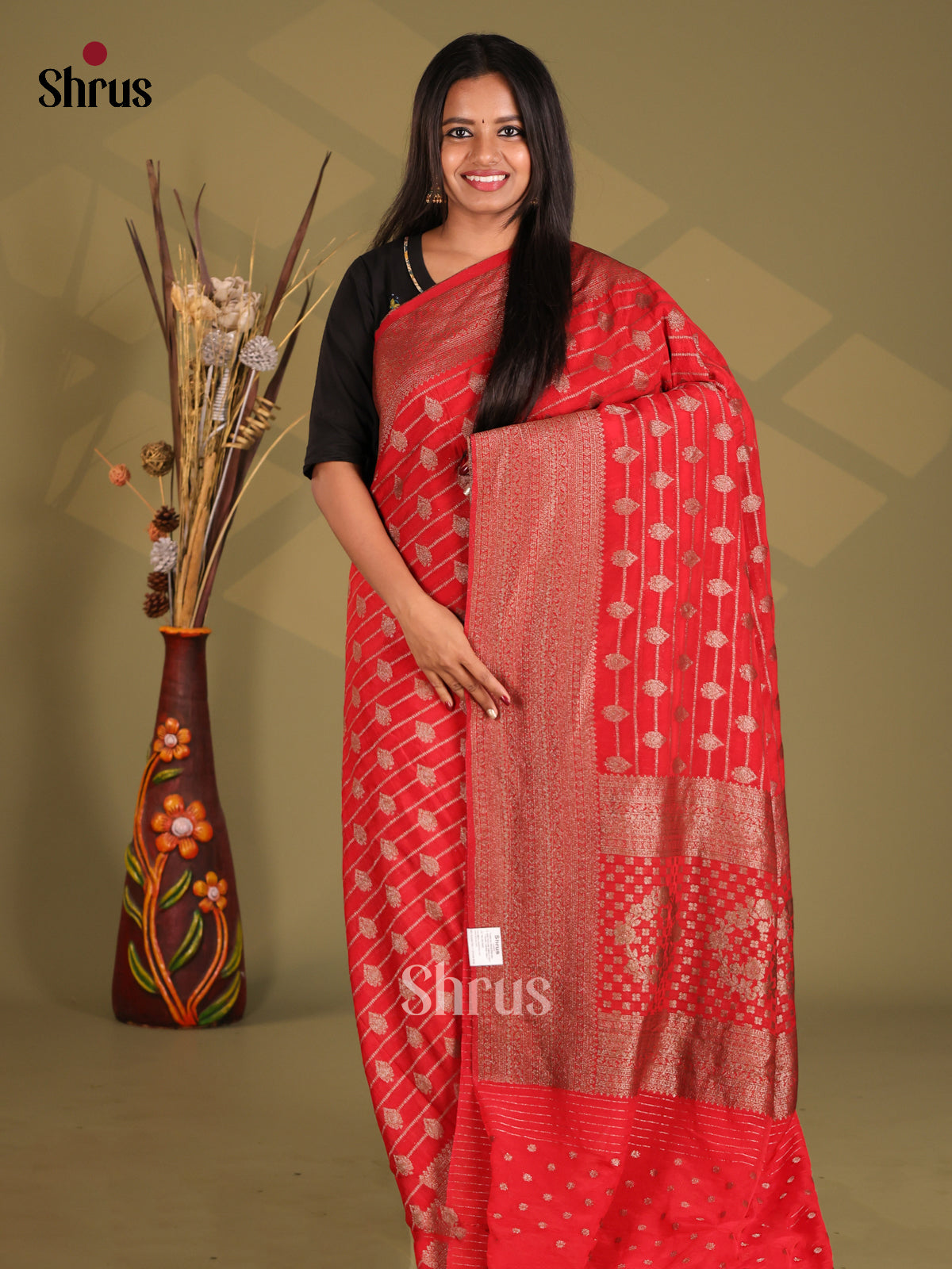 Red - Semi Georgette Saree - Shop on Shrus.com