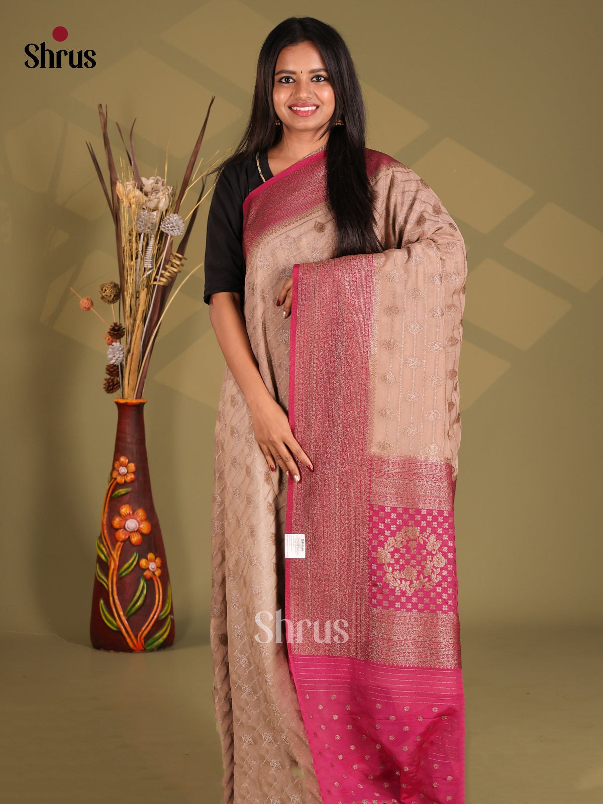 Dusty Brown & Pink - Semi Georgette Saree - Shop on Shrus.com