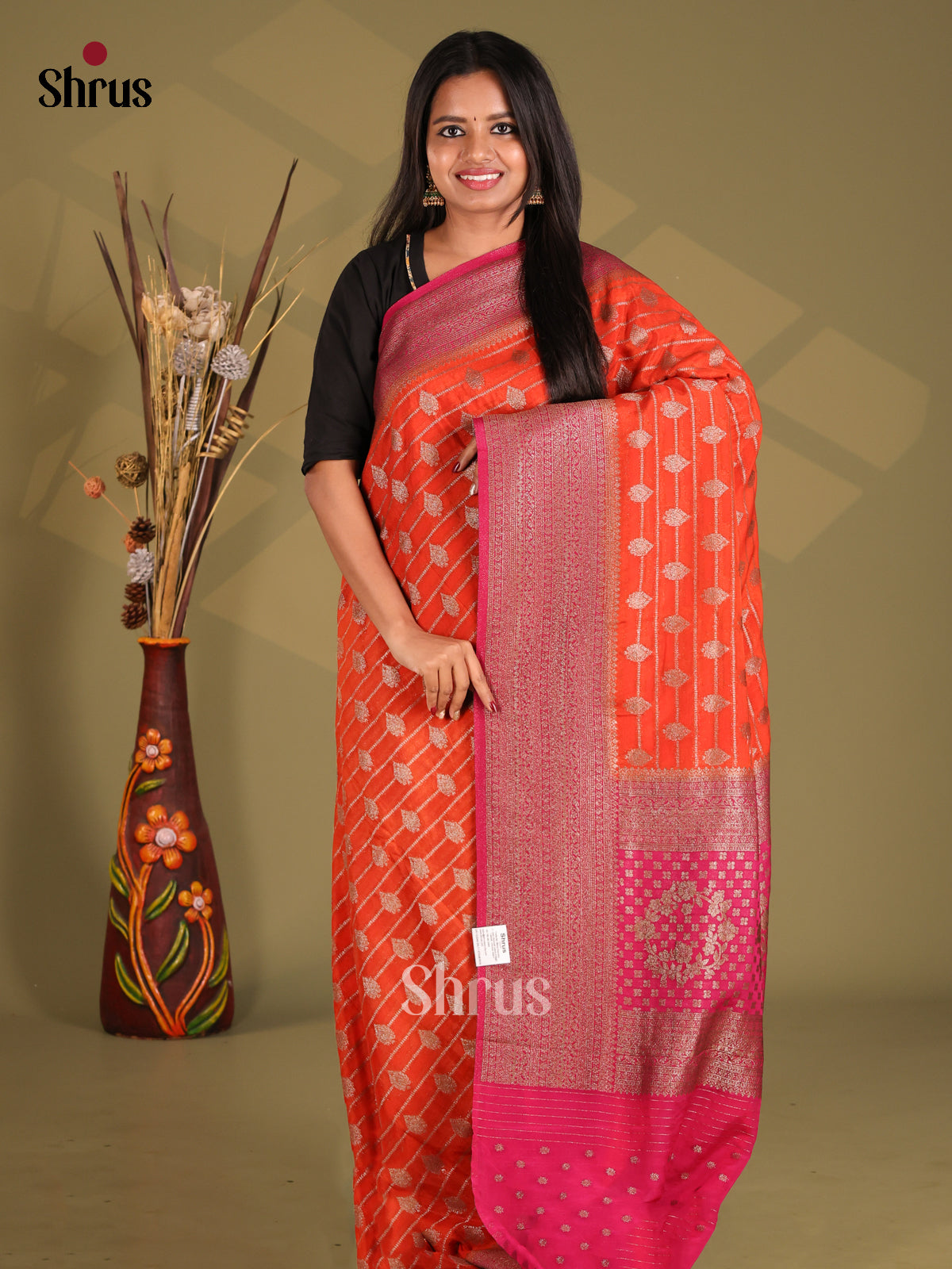 Orange & Pink - Semi Georgette Saree - Shop on Shrus.com