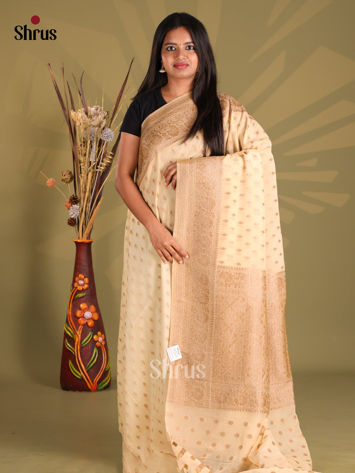 Cream - Semi Georgette Saree