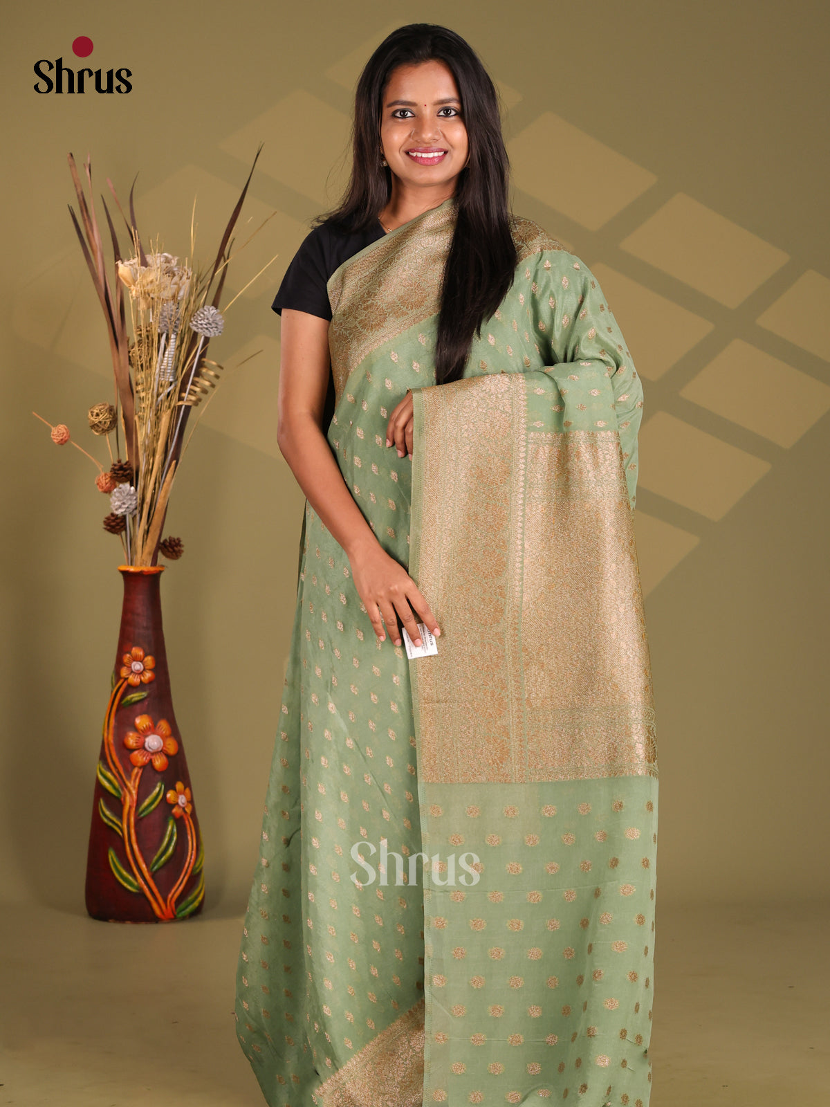Pastel Green- Semi Georgette Saree - Shop on Shrus.com
