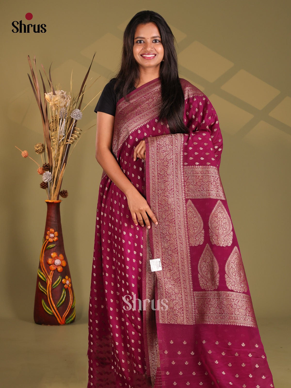 Wine- Semi Georgette Saree - Shop on Shrus.com