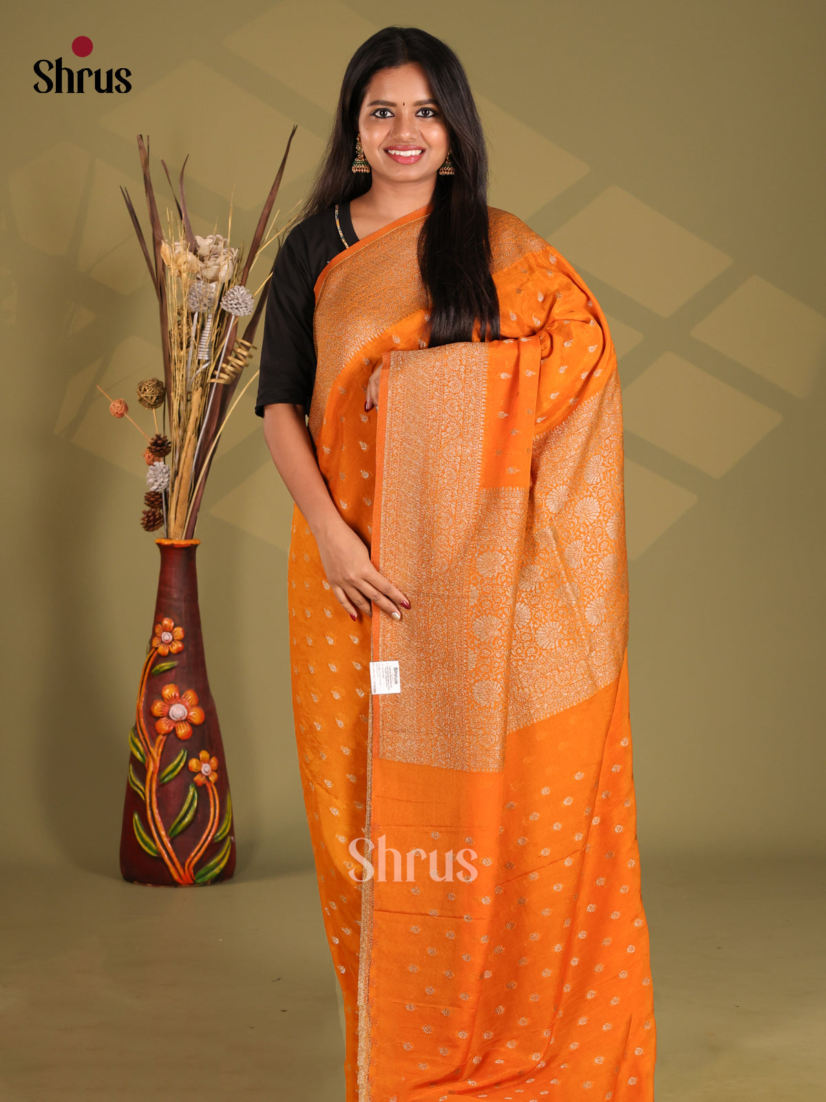 Orange - Semi Georgette Saree - Shop on Shrus.com