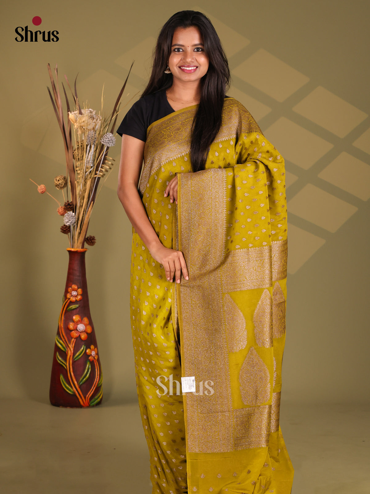 Mustardy Green - Semi Georgette Saree - Shop on Shrus.com