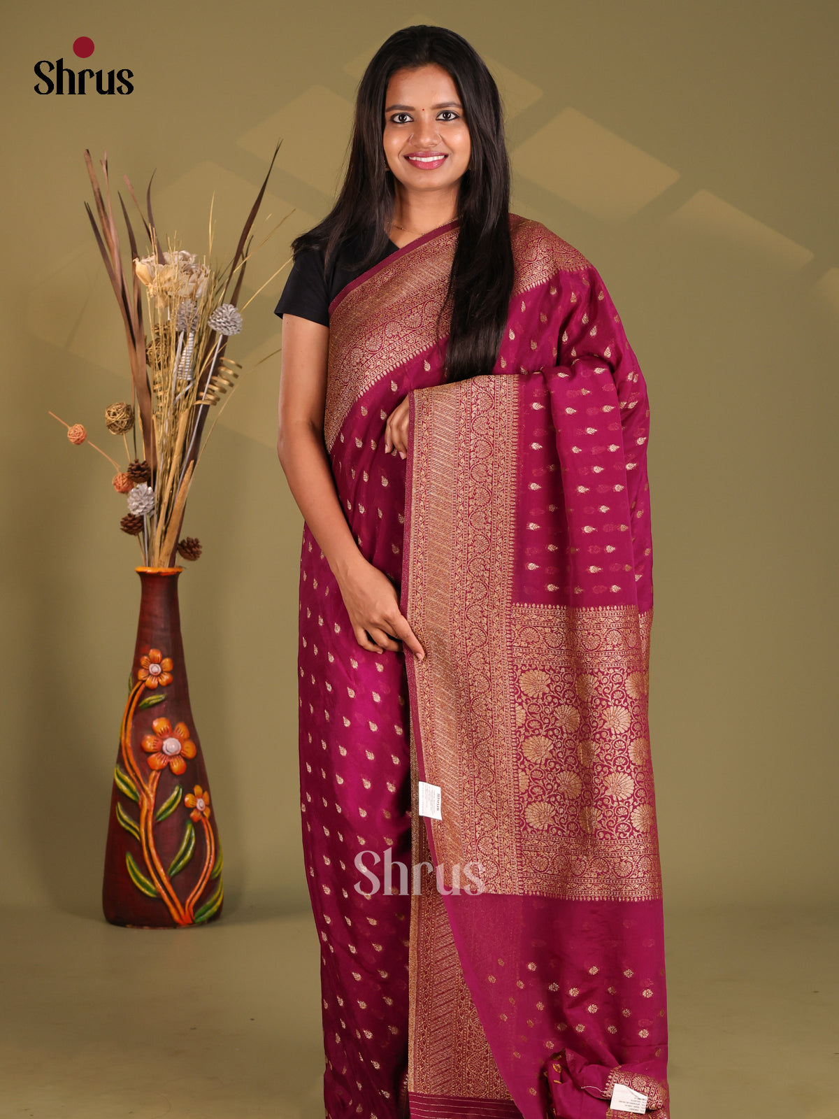 Wine- Semi Georgette Saree - Shop on Shrus.com