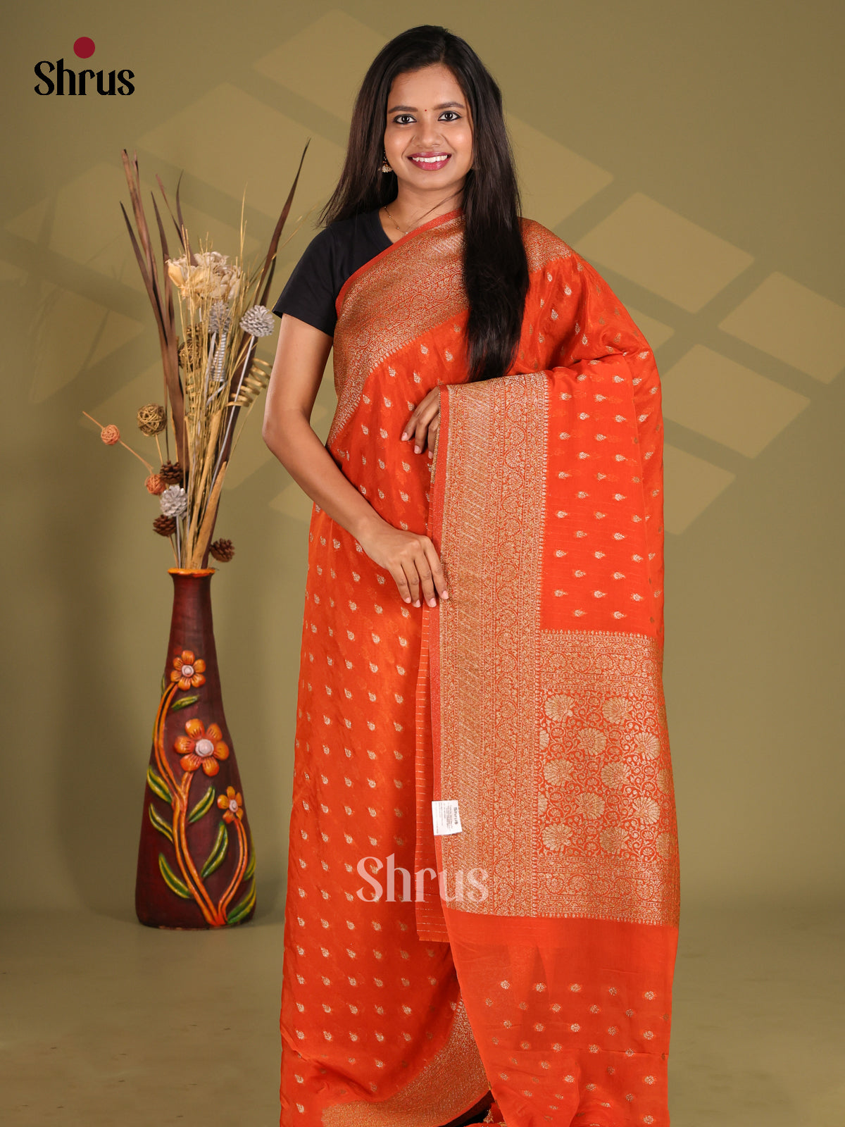 Orange - Semi Georgette Saree