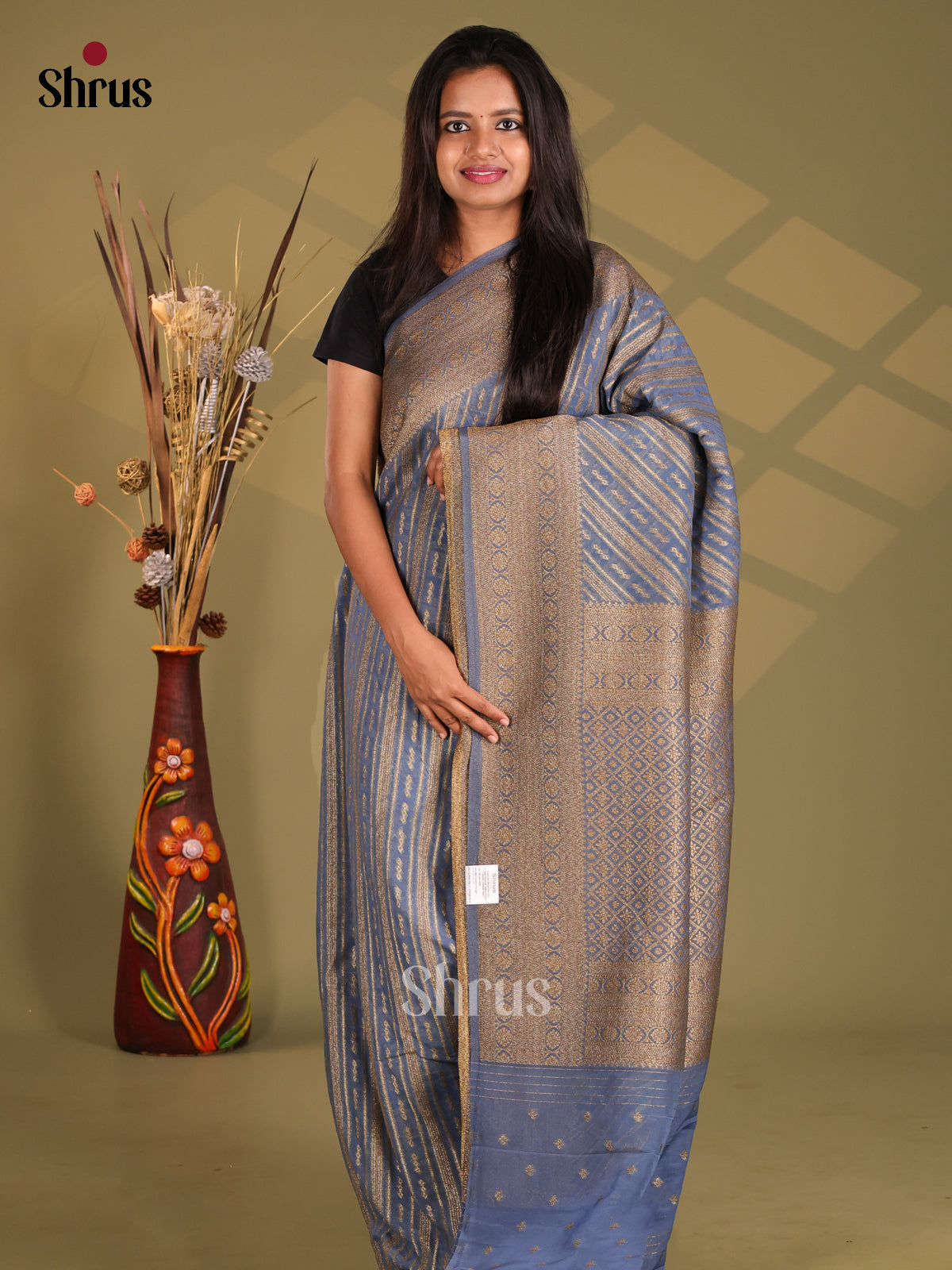 Grey - Semi Georgette Saree - Shop on Shrus.com