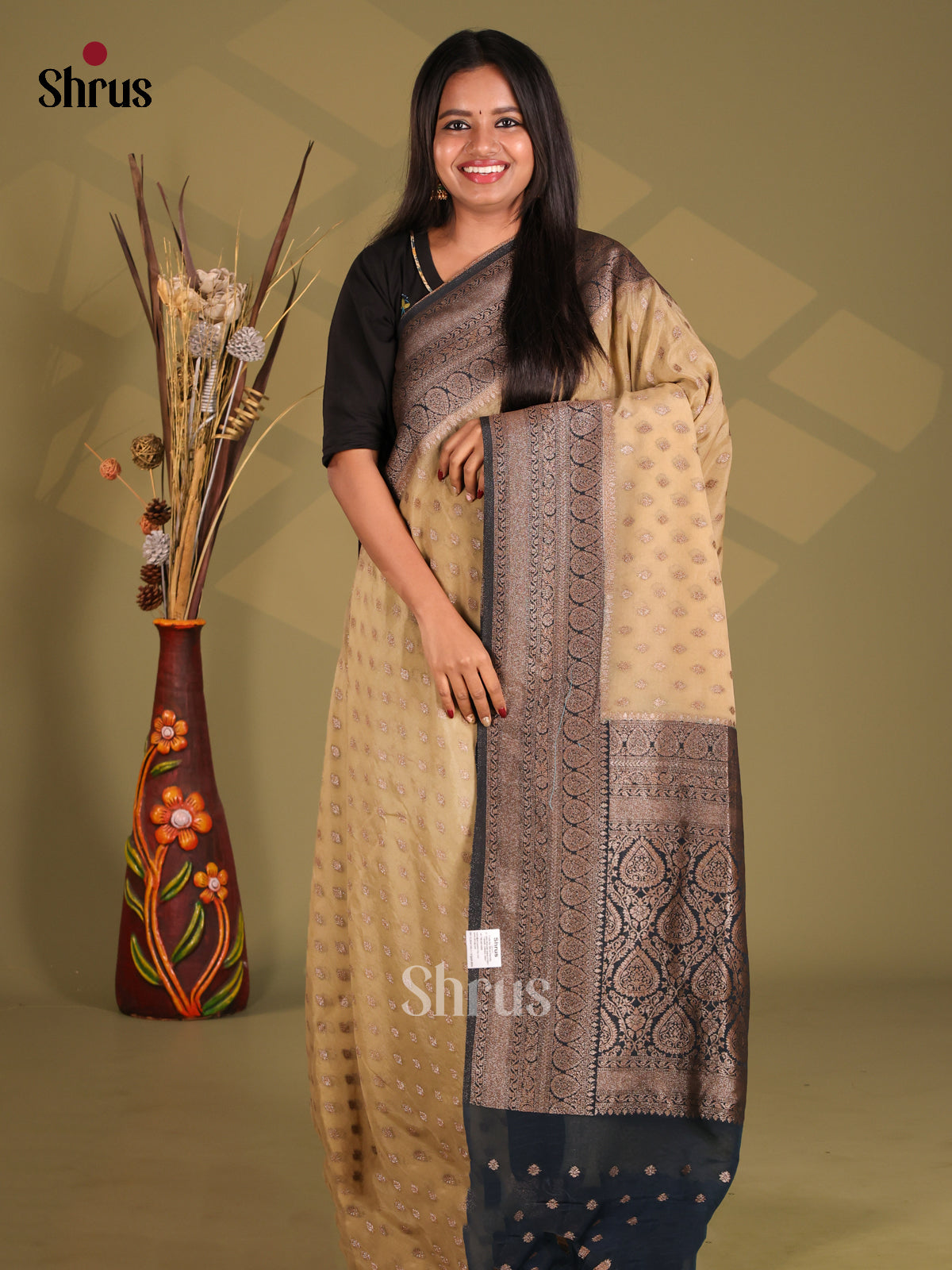 Cream & Black- Semi Georgette Saree