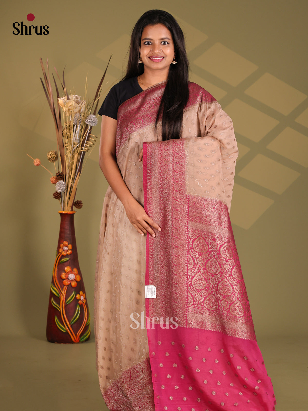 Dusty Brown & Pink - Semi Georgette Saree - Shop on Shrus.com