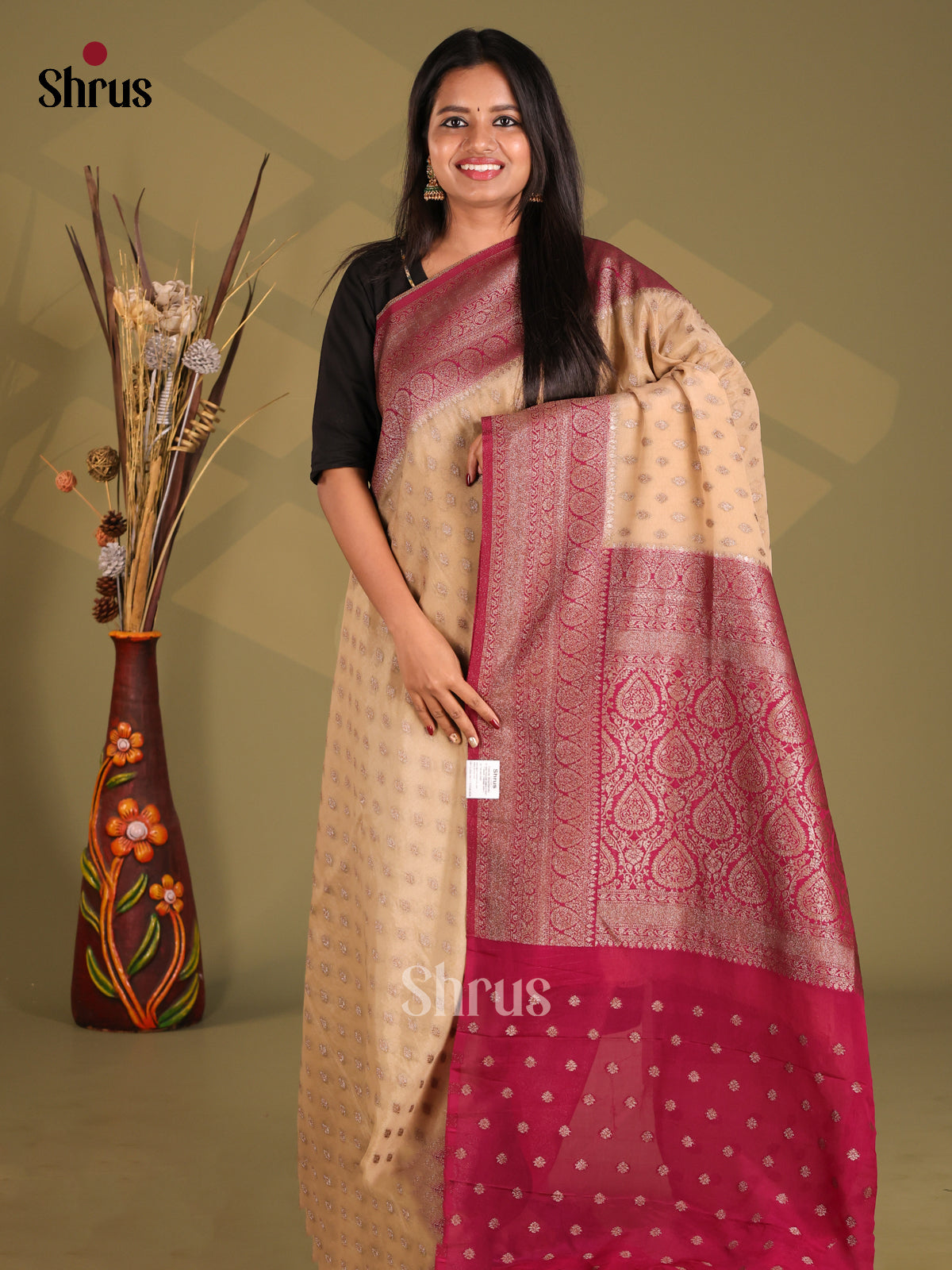 Cream & Wine - Semi Georgette Saree - Shop on Shrus.com