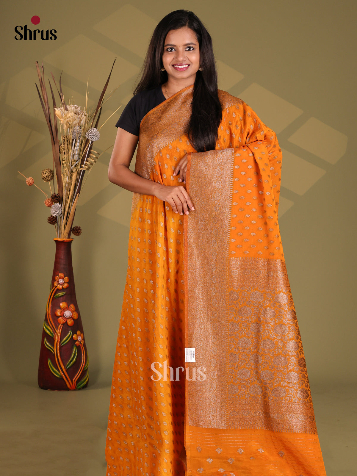 Orange - Semi Georgette Saree - Shop on Shrus.com