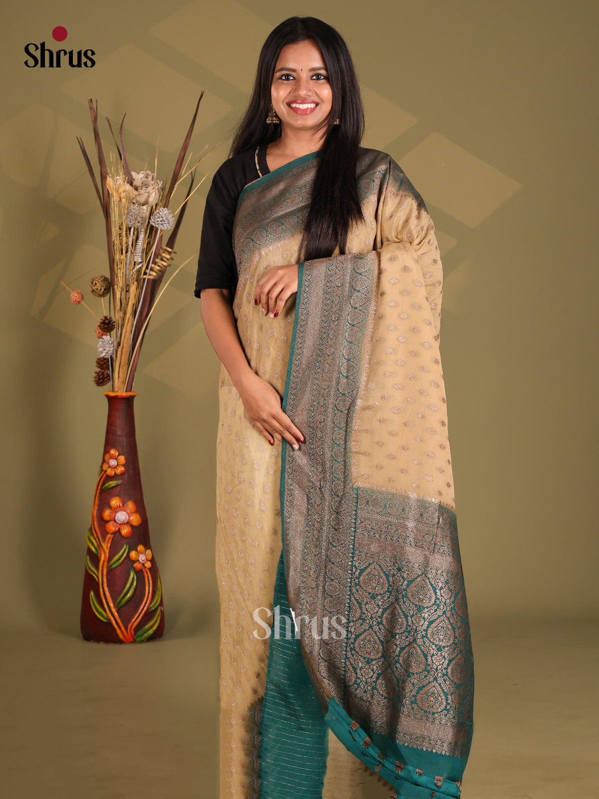Beige & Green - Semi Georgette Saree - Shop on Shrus.com