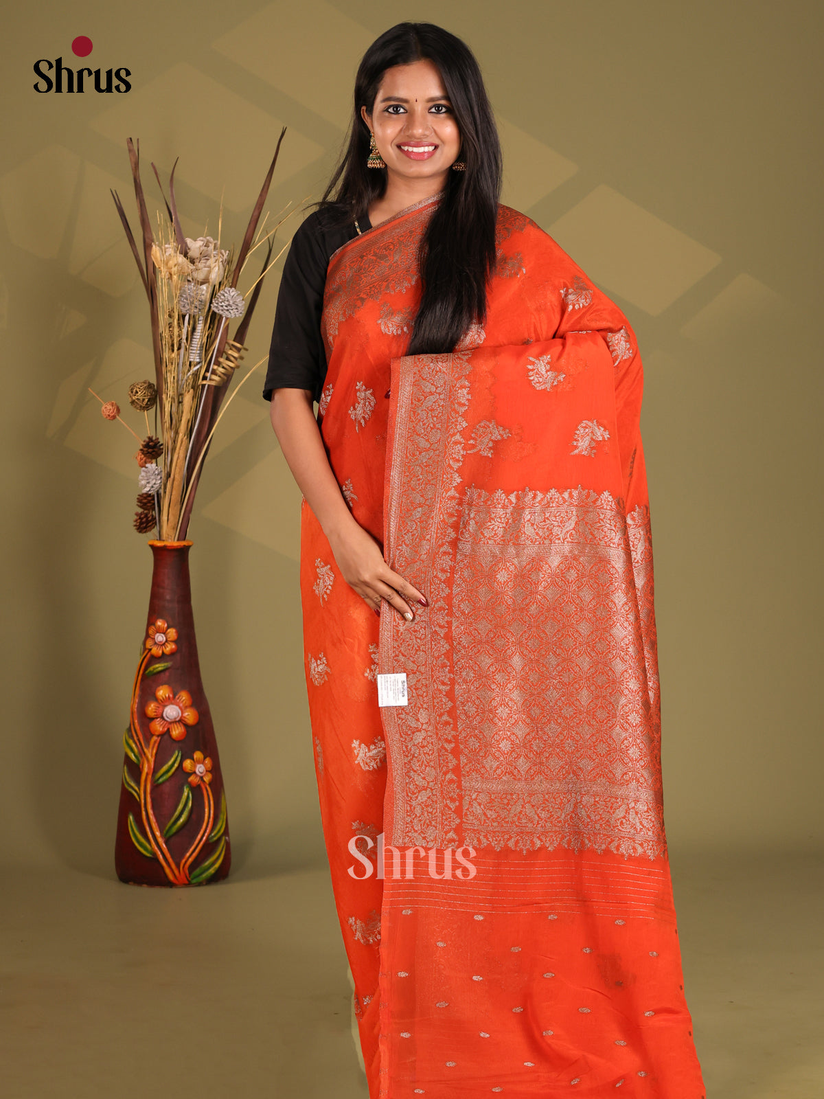 Orange - Semi Georgette Saree - Shop on Shrus.com