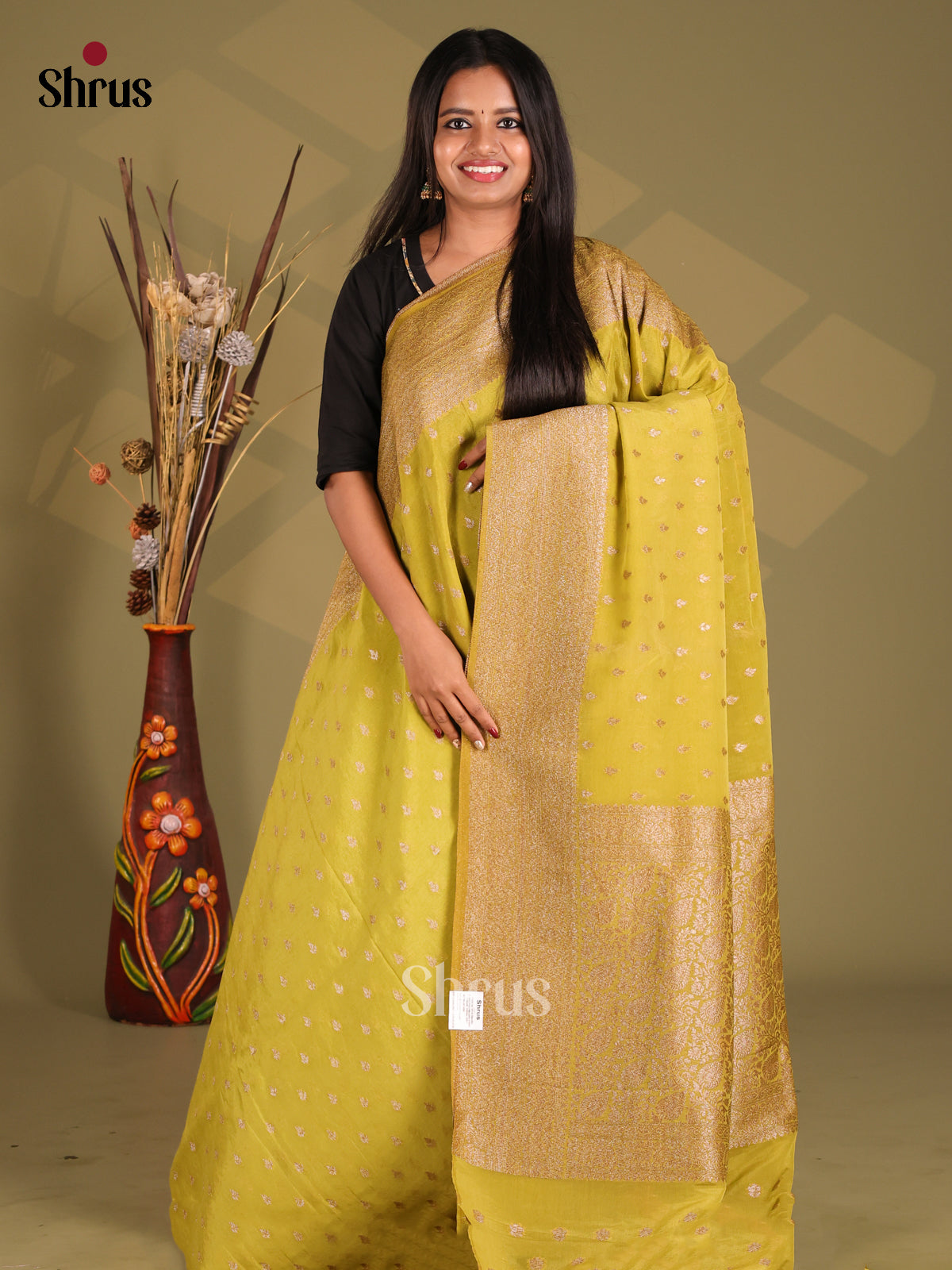 Mustardy Green - Semi Georgette Saree