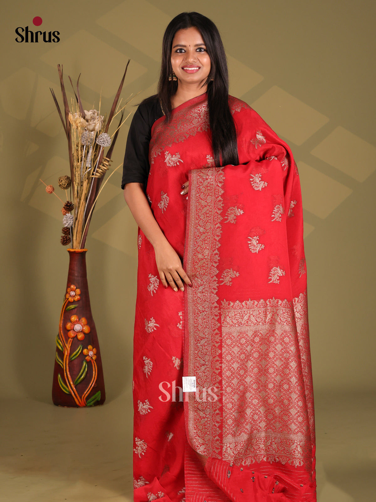 Red - Semi Georgette Saree - Shop on Shrus.com
