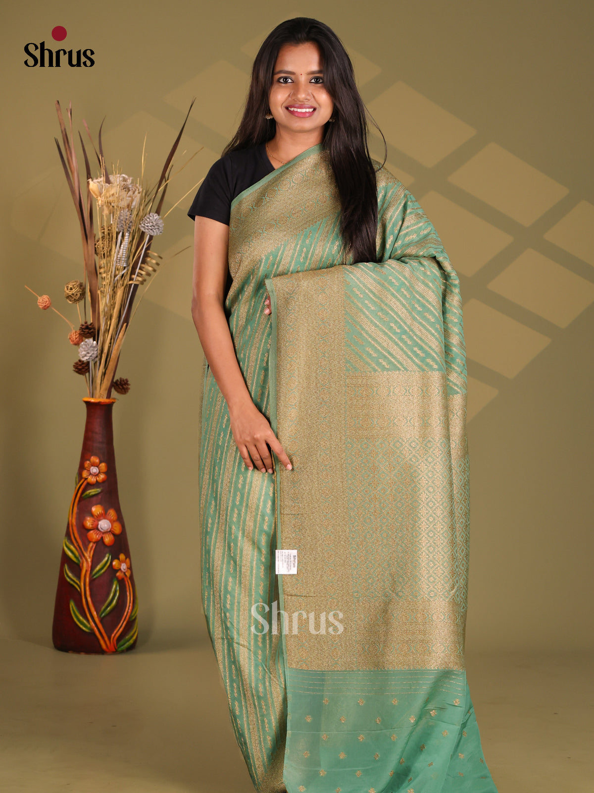 Pastel Green - Semi Georgette Saree - Shop on Shrus.com