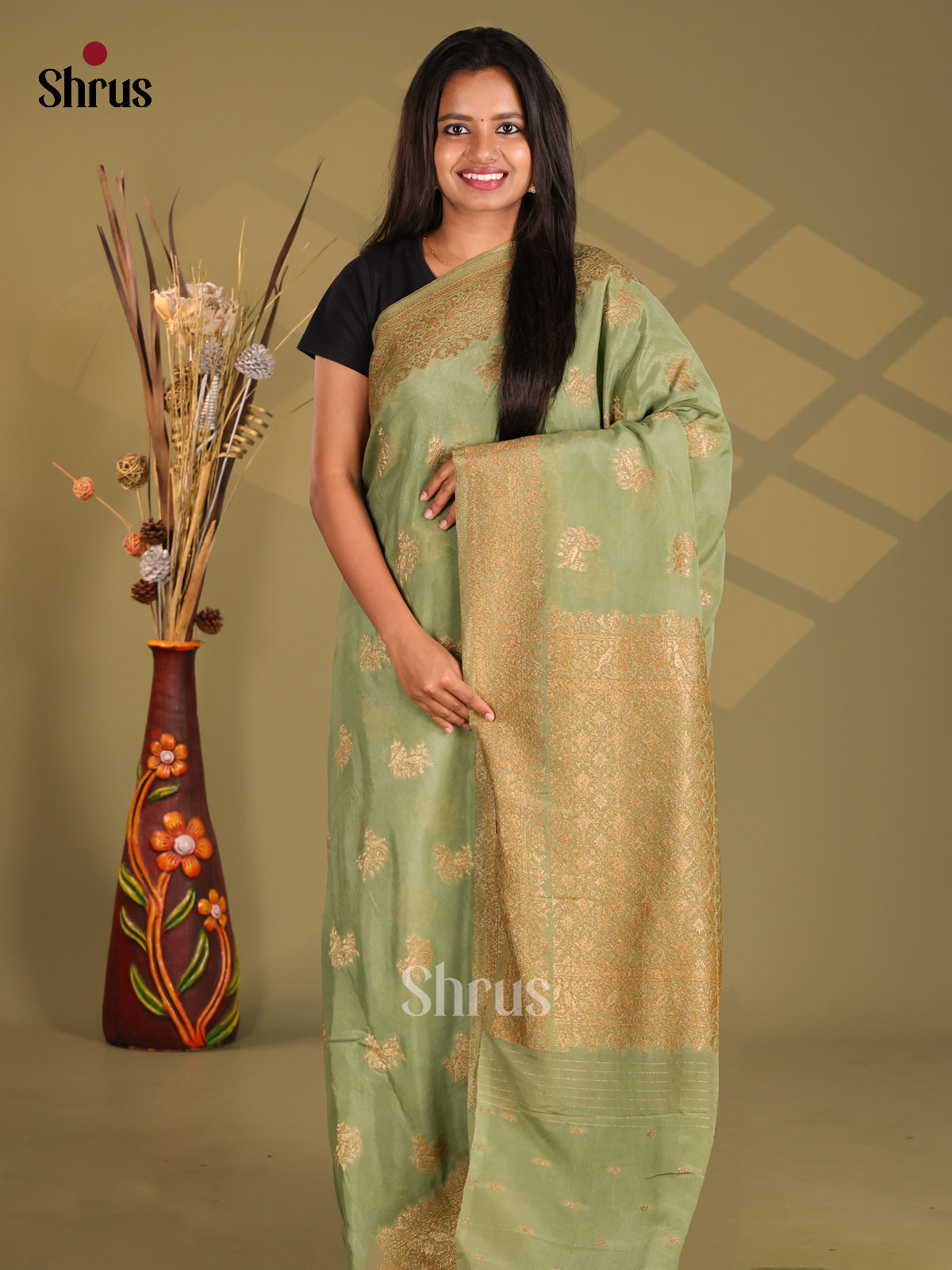 Pastel Green - Semi Georgette Saree - Shop on Shrus.com