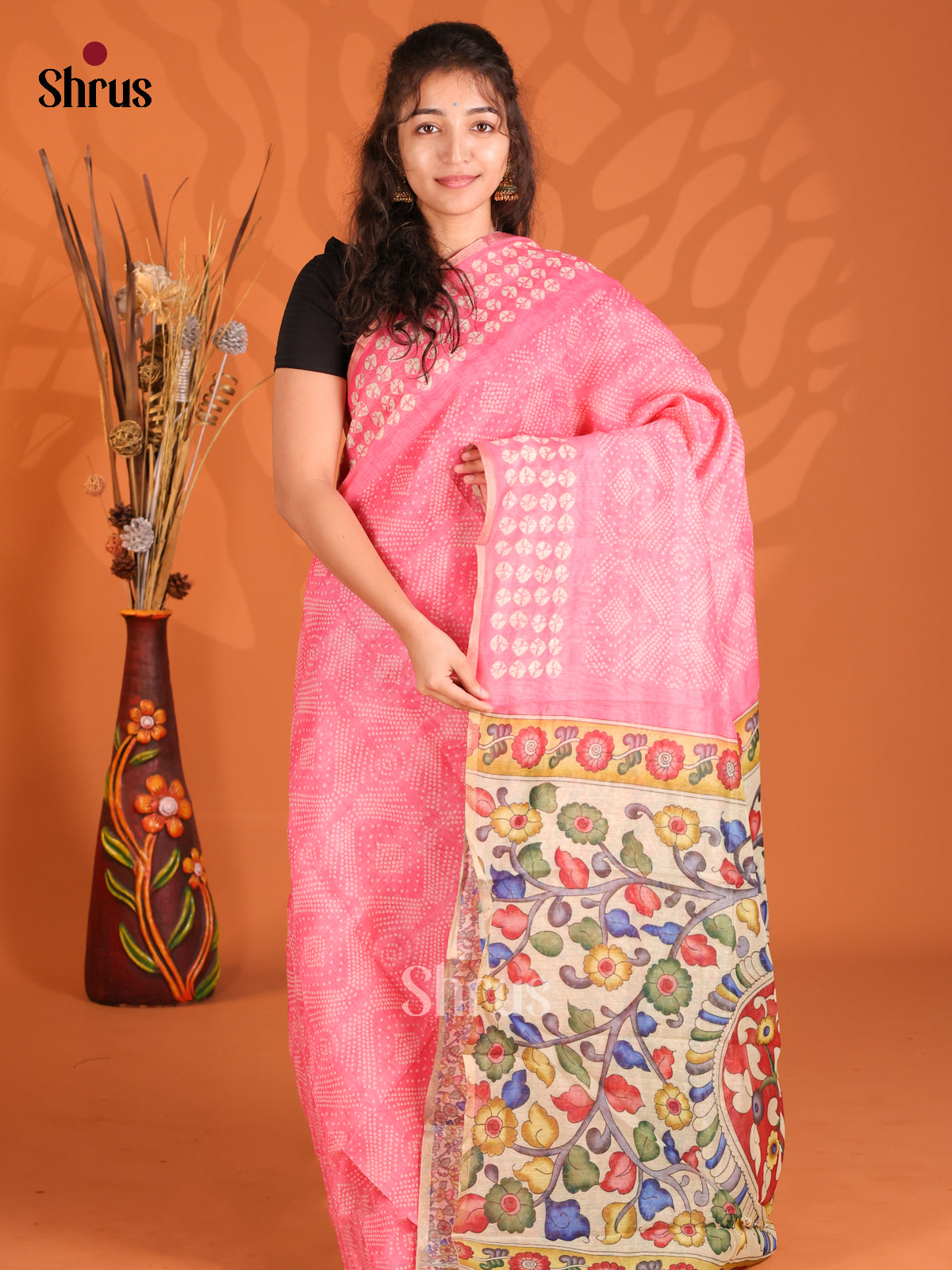 Pink & Cream - Semi Maheshwari Saree - Shop on Shrus.com